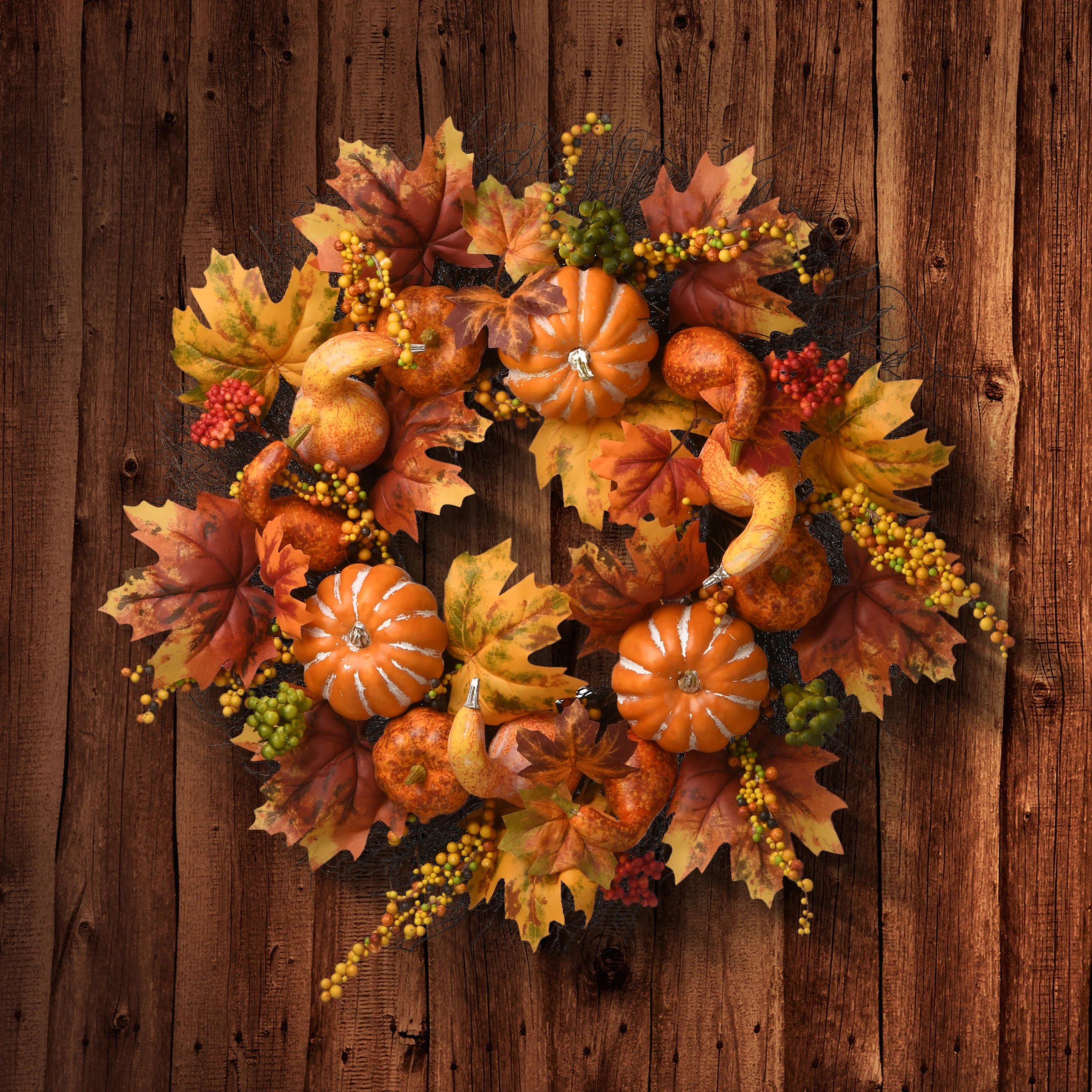 National Tree Company Artificial Autumn Wreath, Decorated with Pumpkins, Gourds, Berry Clusters, Maple Leaves, Autumn Collection, 22 in - Image 2