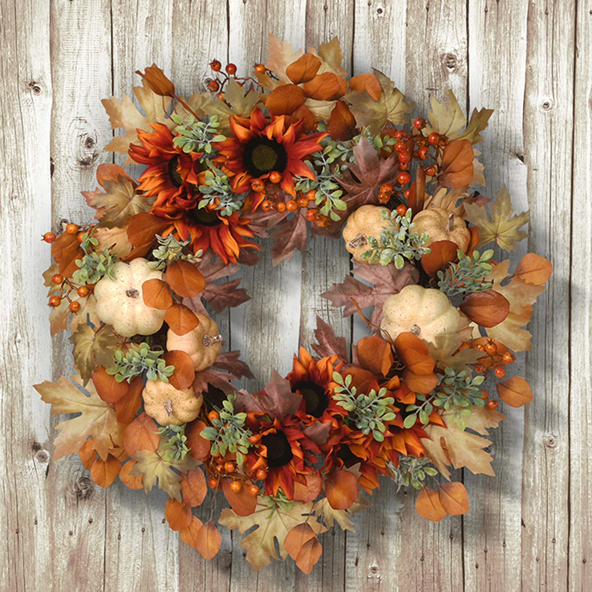 National Tree Company Artificial Autumn Wreath, Decorated with Pumpkins, Sunflowers, Berry Clusters, Assorted Leaves, Autumn Collection, 24 in - Image 2