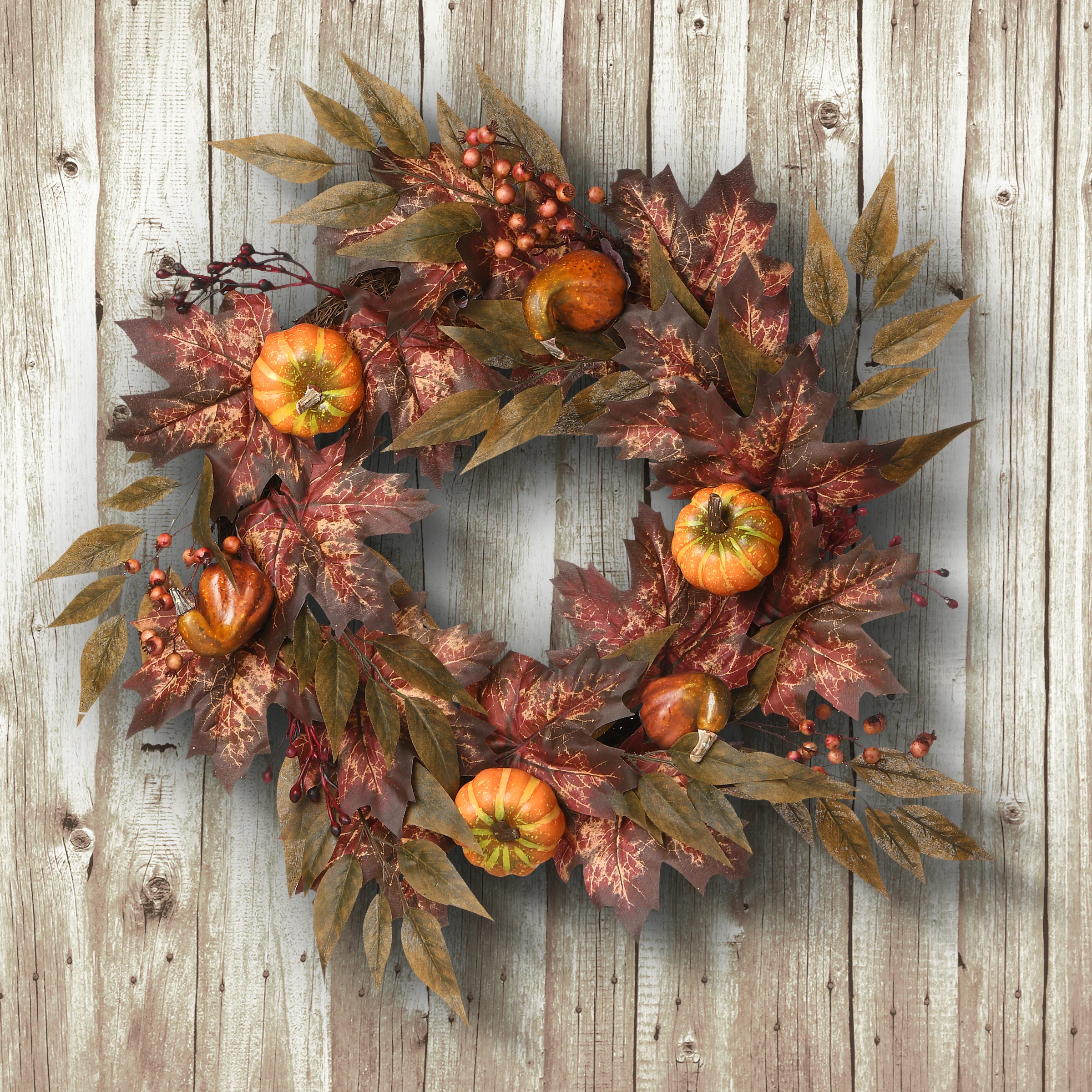 24 in. Fall Wreath with Pumpkins, Berry Clusters, Ivy, Maple Leaves - Image 2