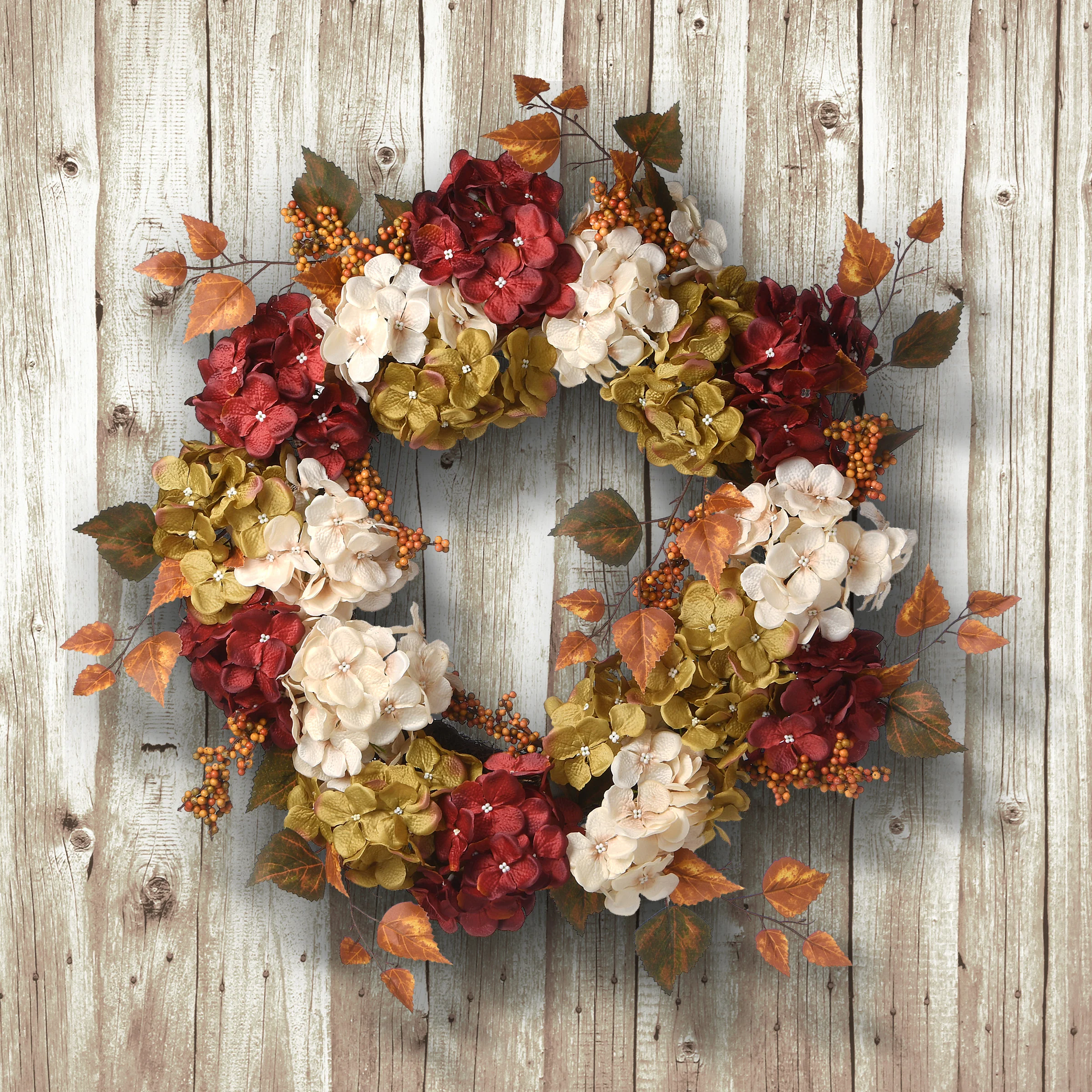 Artificial Autumn Wreath, Decorated with Pinecones, Berry Clusters, Hydrangeas, Leafy Branches, Autumn Collection, 24 in - Image 2