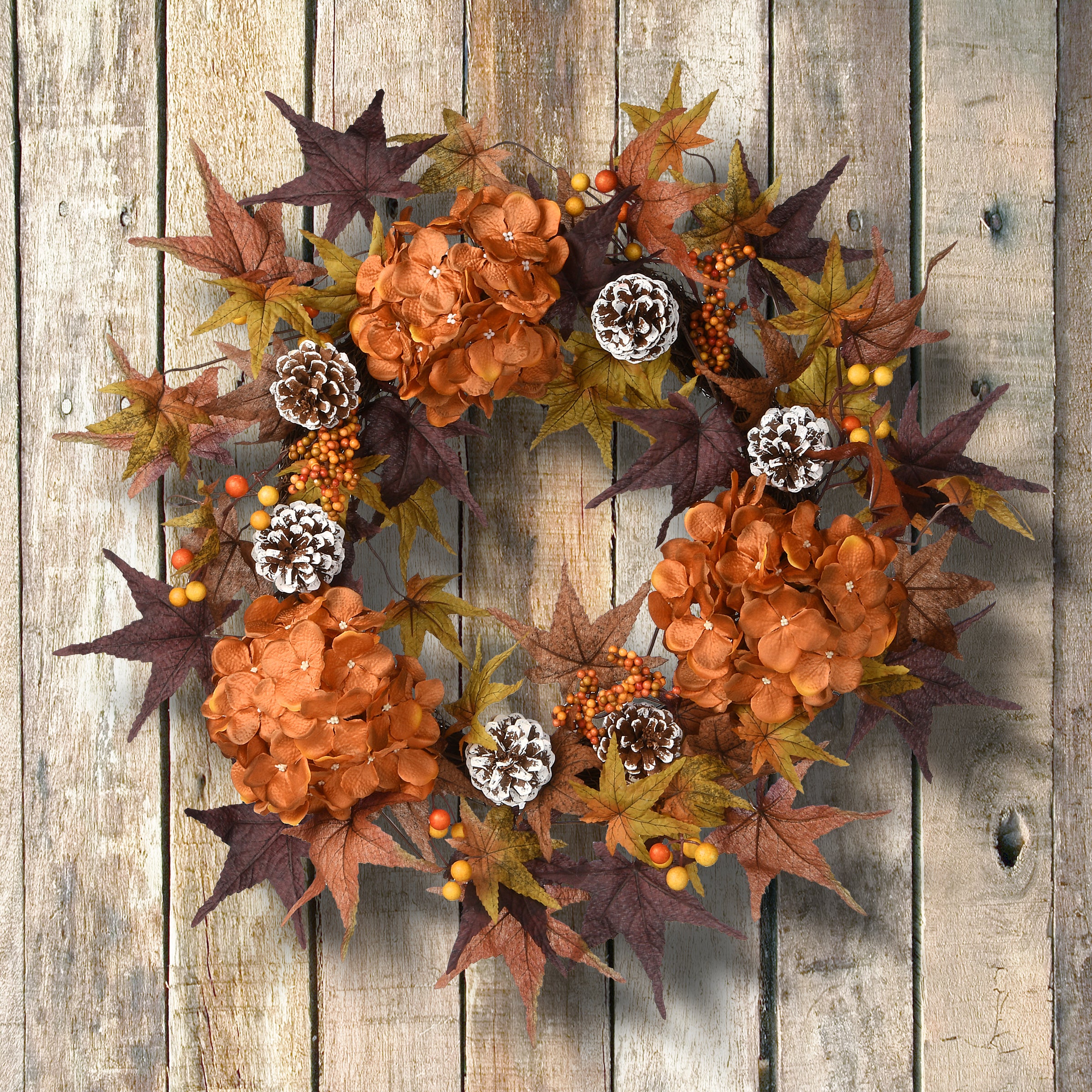 24 in. Fall Wreath with Hydrangeas, Maple Leaves, Pinecones, Berry Clusters - Image 2
