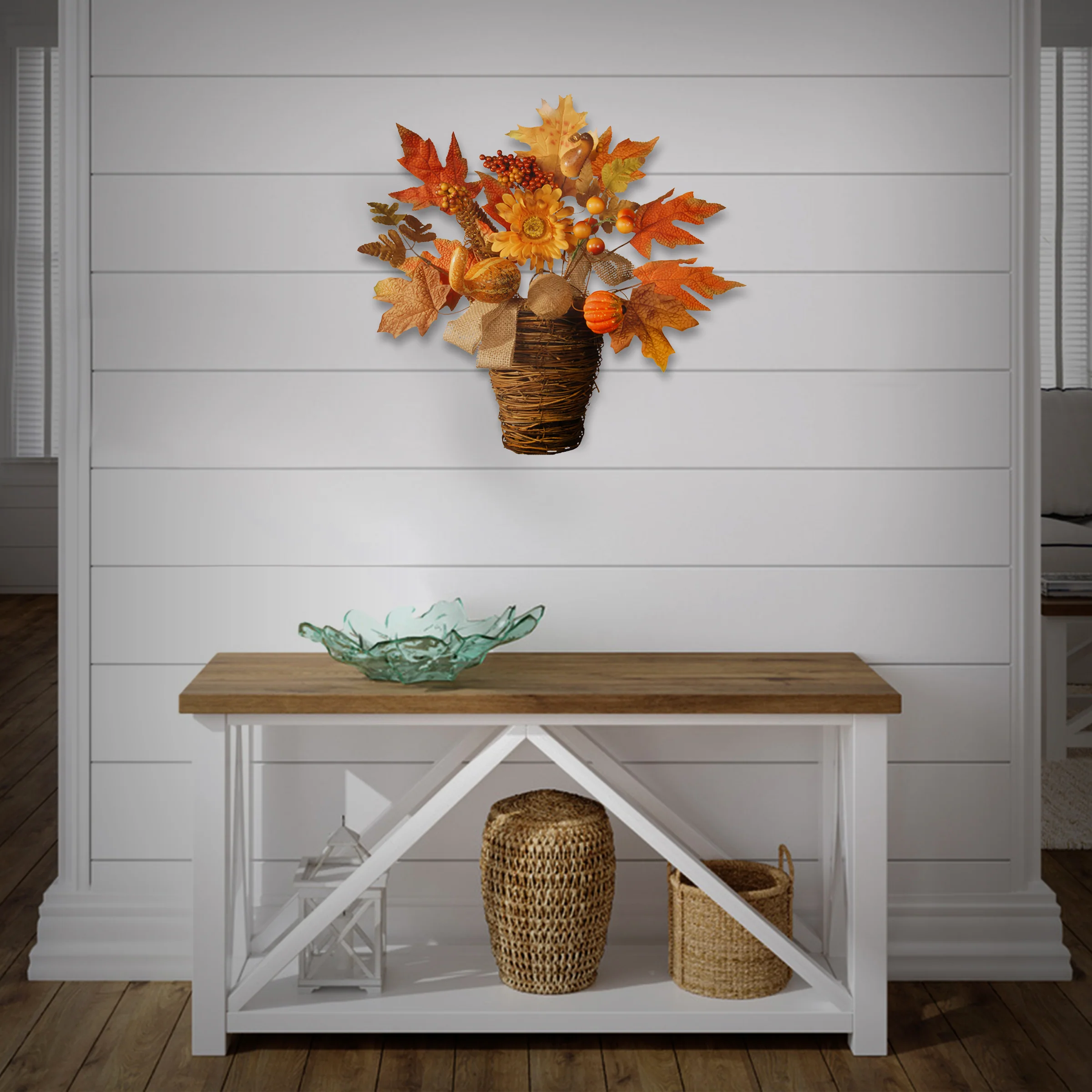 16 in. Fall Flowers in Wicker Basket with Pumpkins, Gourds, Berry Clusters, Burlap, Maple Leaves - Image 2