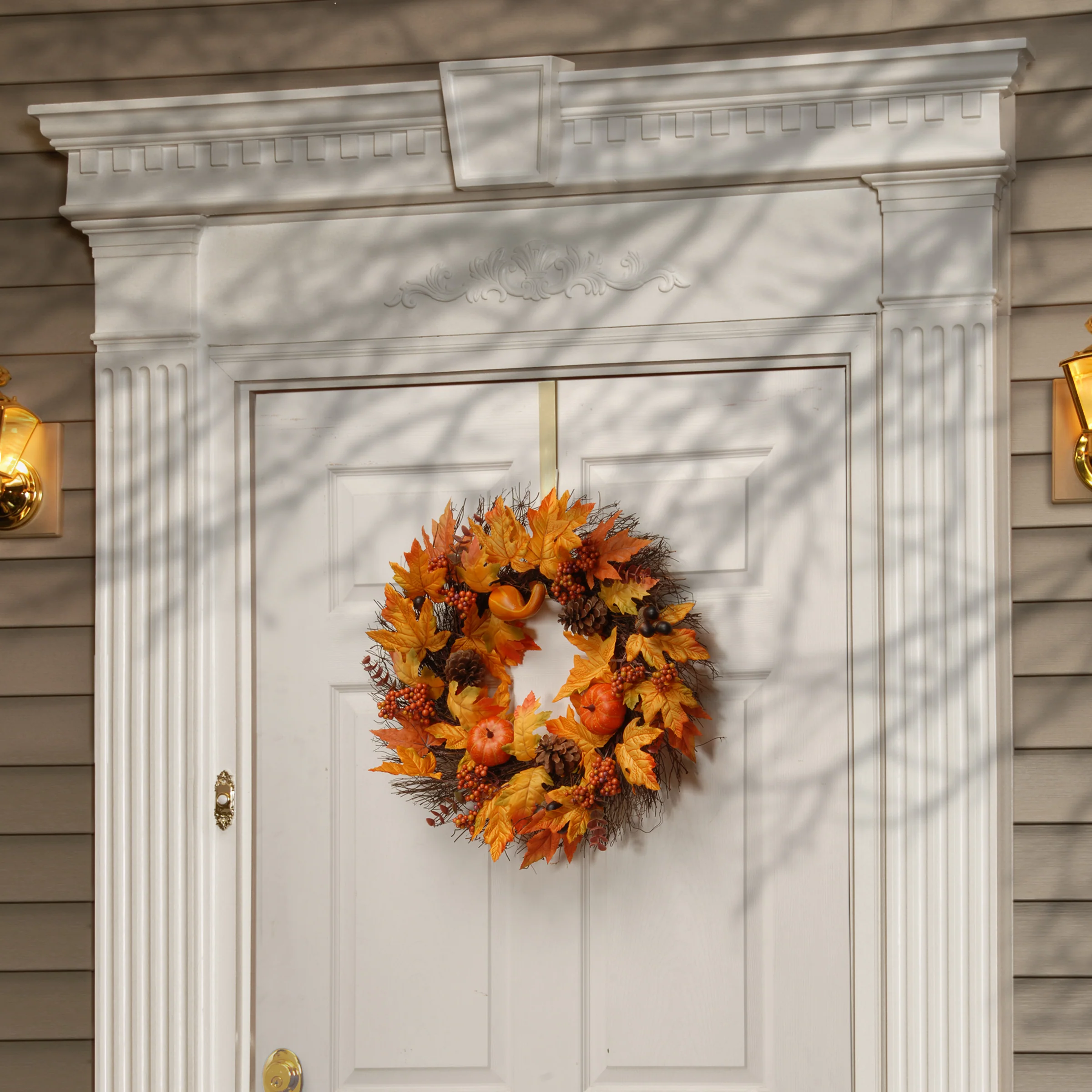 24 in. Fall Wreath with Gourds, Pumpkins, Berry Clusters, Acorns, Maple Leaves - Image 2