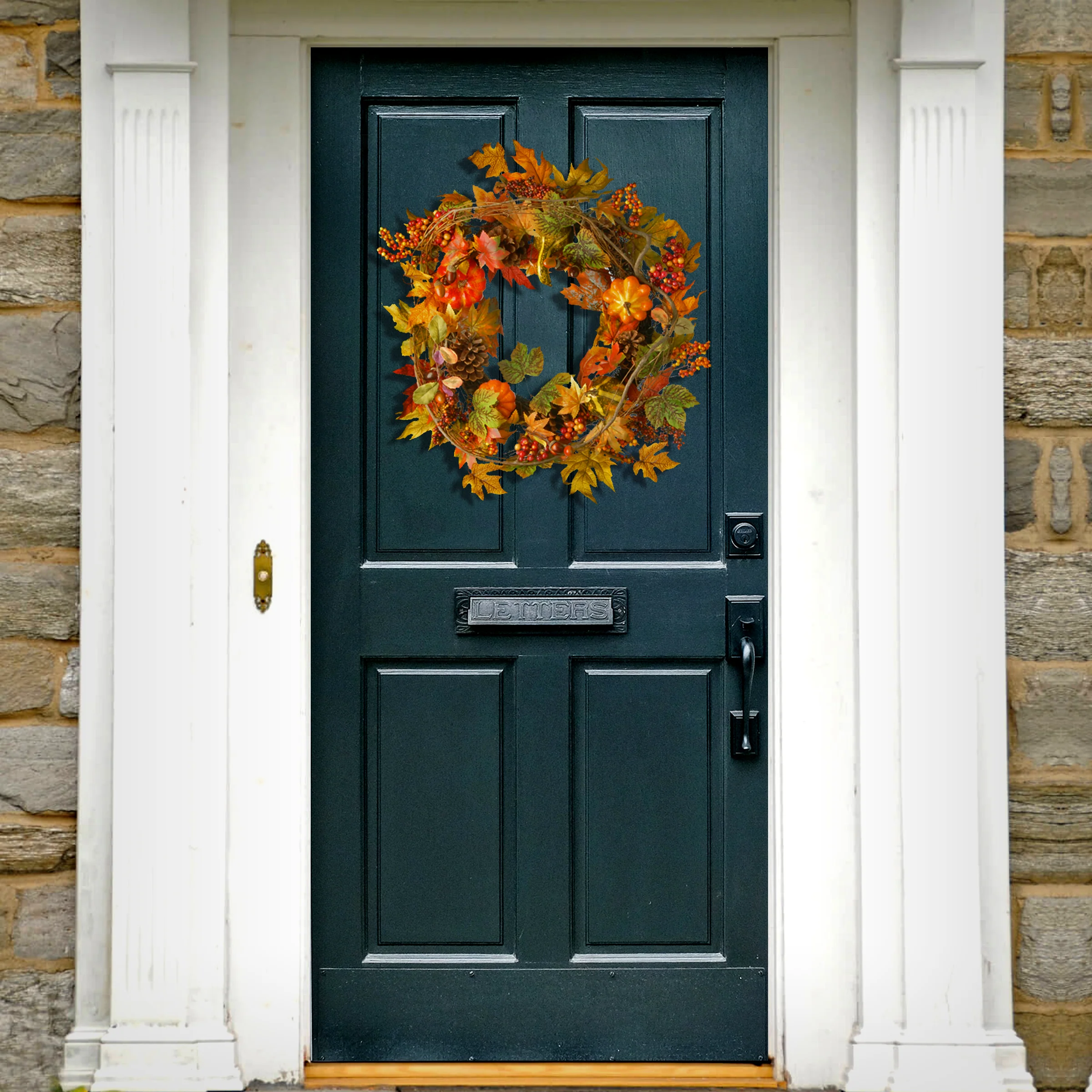 24 in. Fall Wreath with Pumpkins, Pinecones, Berry Clusters, Maple Leaves - Image 2