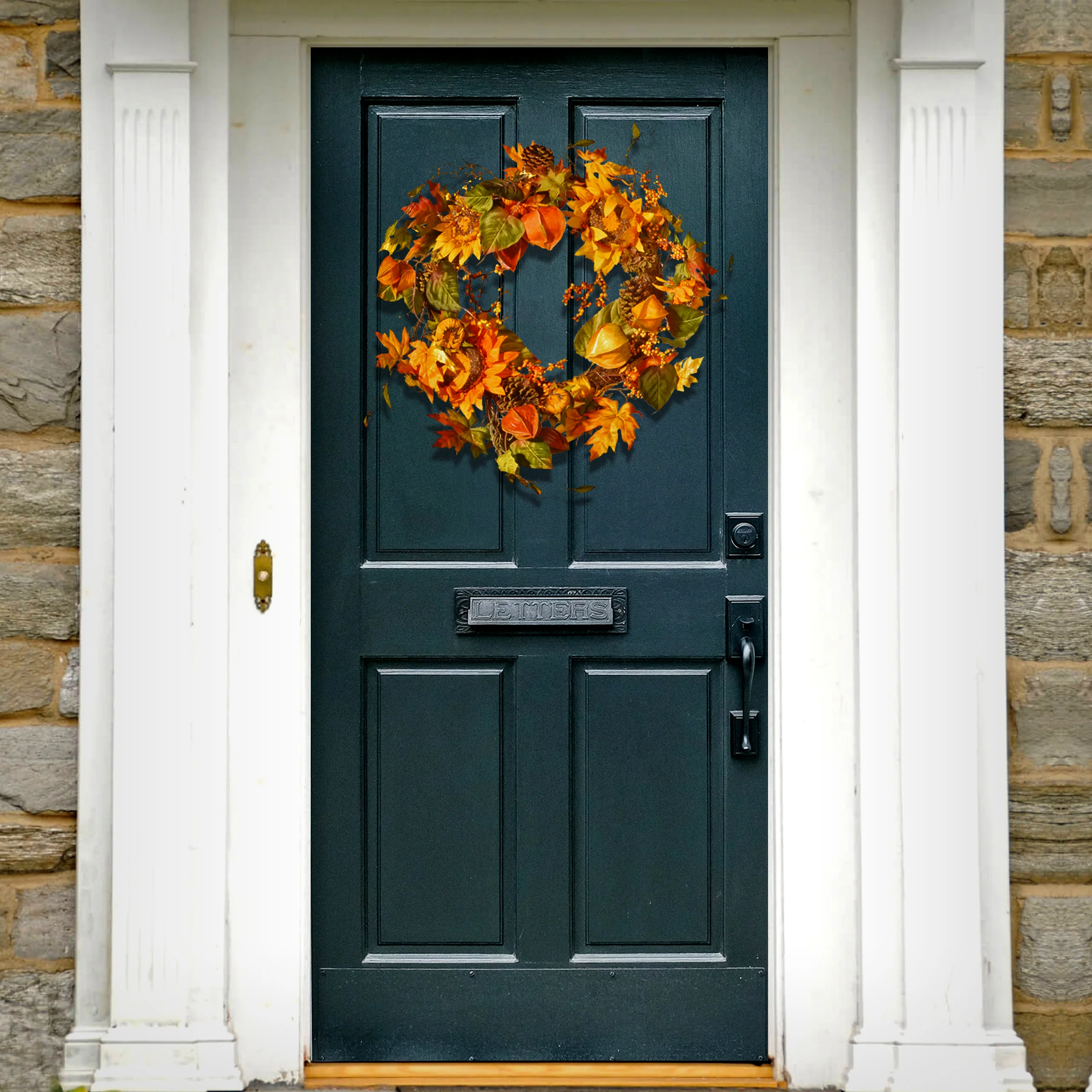 25 in. Fall Wreath with Sunflowers, Pinecones, Berry Clusters, Maple Leaves - Image 2