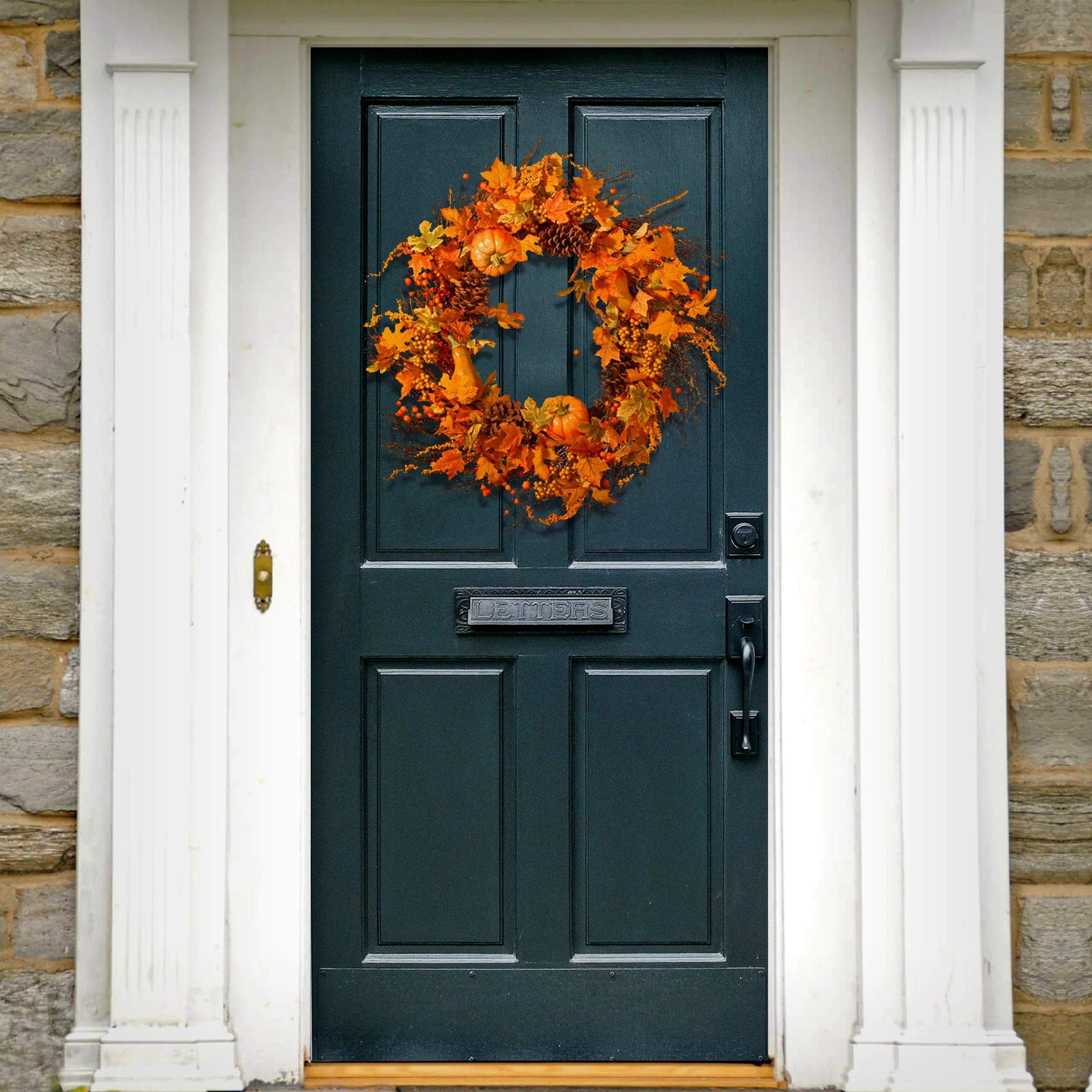 28 in. Fall Wreath with Pumpkins, Pinecones, Berry Clusters, Maple Leaves - Image 2