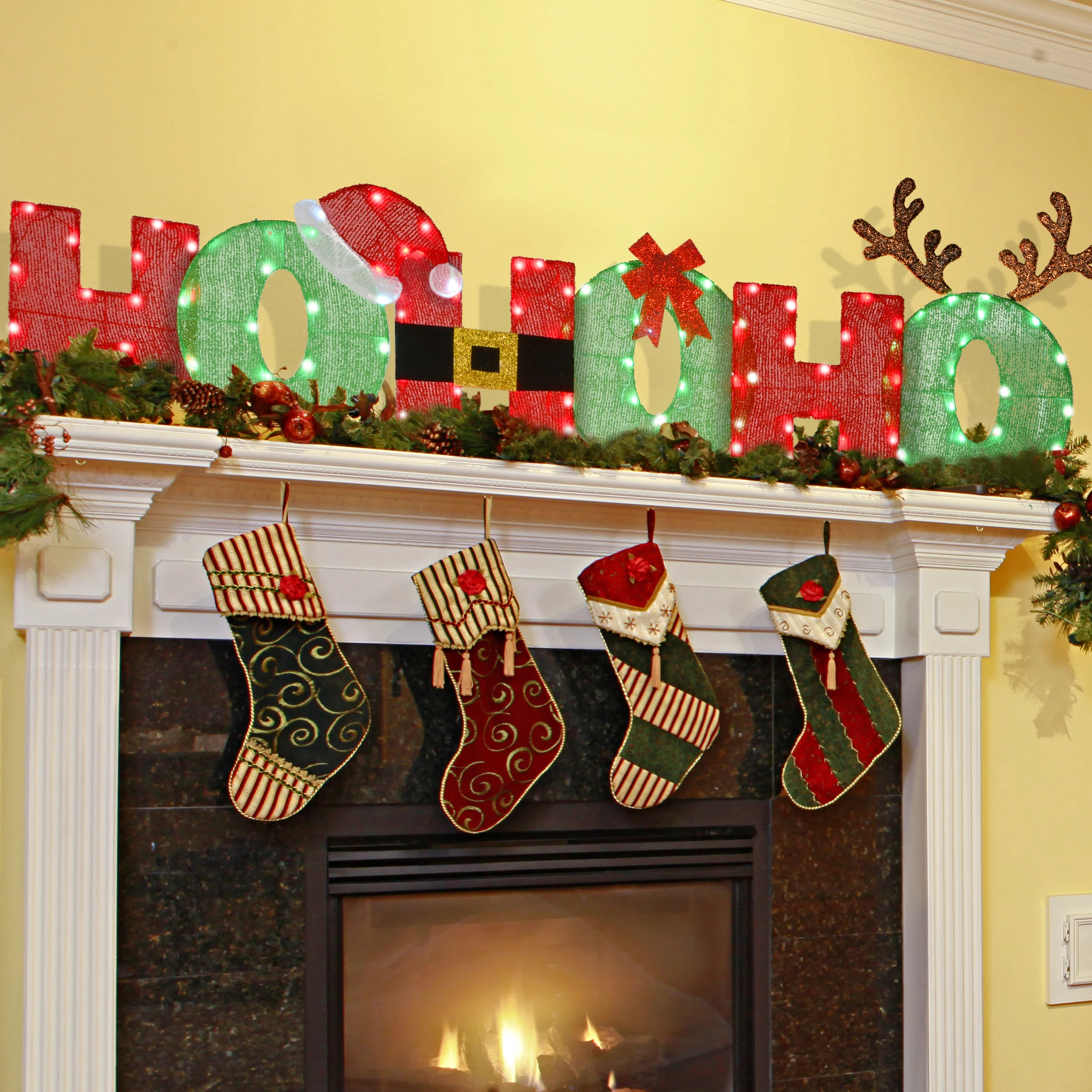 23 in. Tinsel Fabric HO HO HO Sign with Red and Cool White LED Lights, Plug-In - Image 3