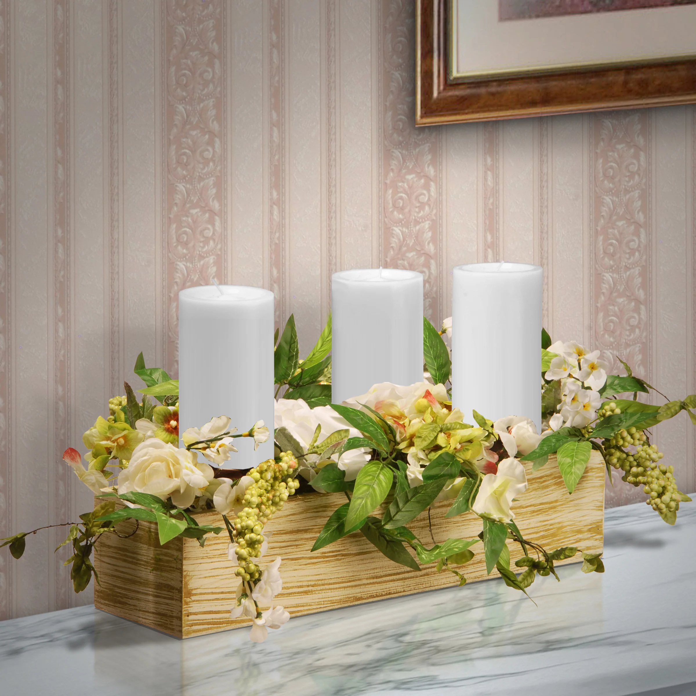 22 in. Spring Candleholder Table Decoration with Flower Blooms, Berry Clusters, Leafy Greens - Image 2