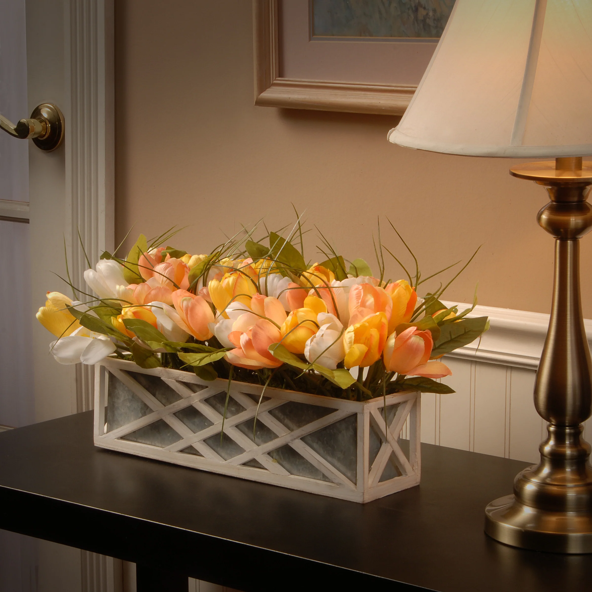 10 in. Spring Planter Box with Peach, Yellow and White Tulip Blooms, Leafy Greens in a Ornate White Wooden Base - Image 2
