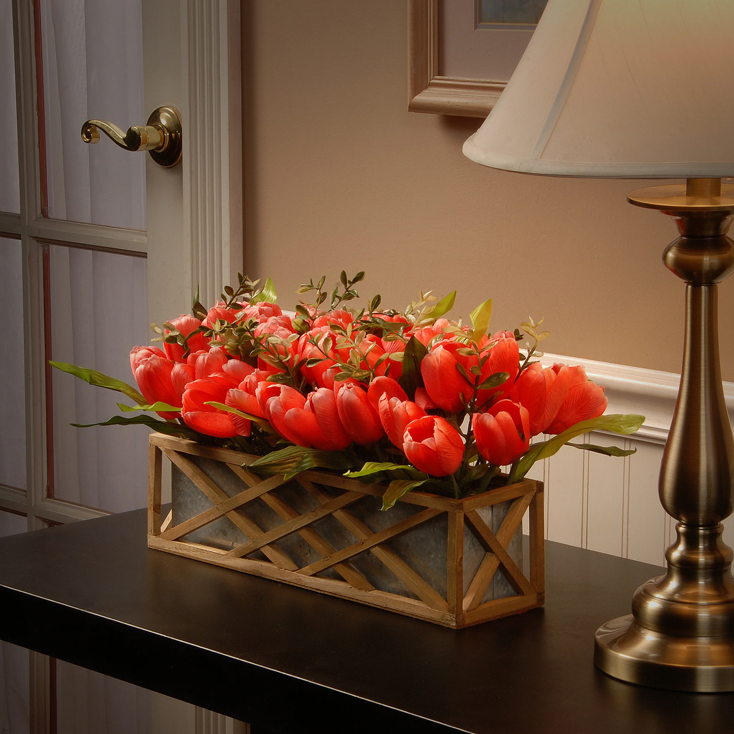 10in. Spring Planter Box with Pink and Red Tulip Blooms, Leafy Greens in a Ornate Natural Wooden Base - Image 2