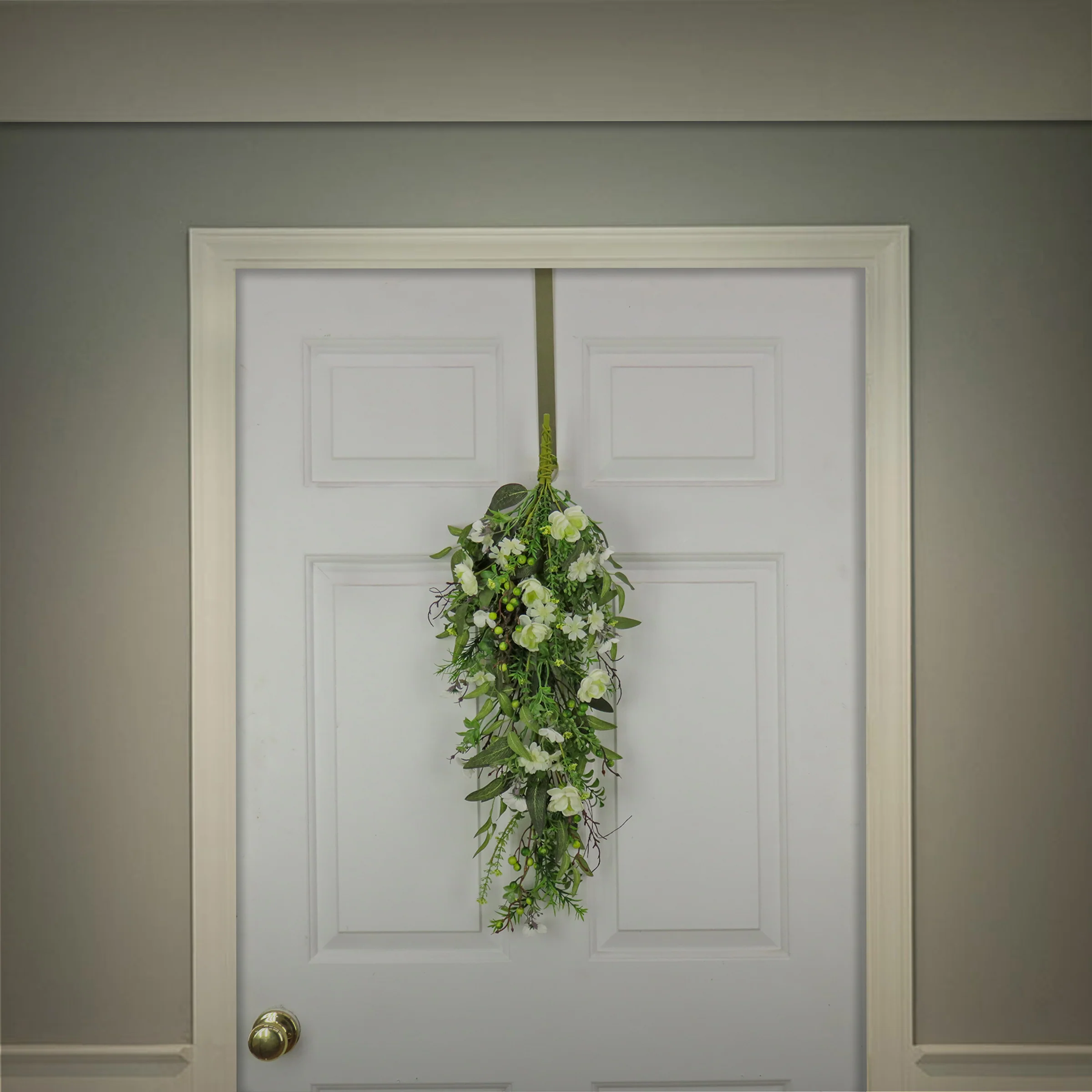 28 in. Spring Teardrop Wall Hanging Decoration with Flower Blooms, Berries, Leafy Greens - Image 2