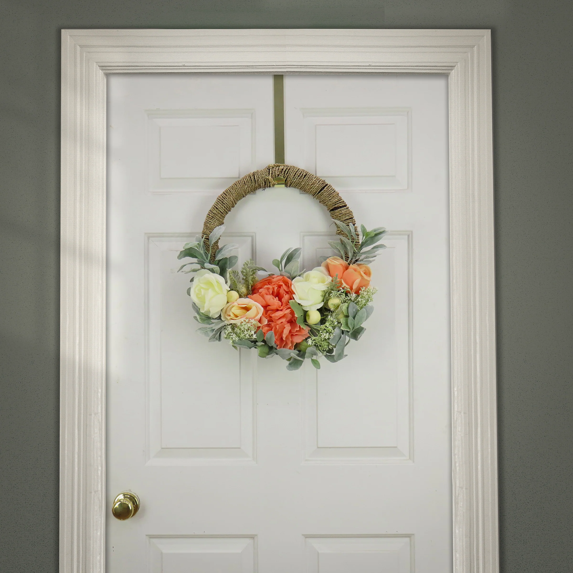 20 in. Spring Hoop Wreath with Peony, Rose, and Lamb's Ear Flower Blooms - Image 2