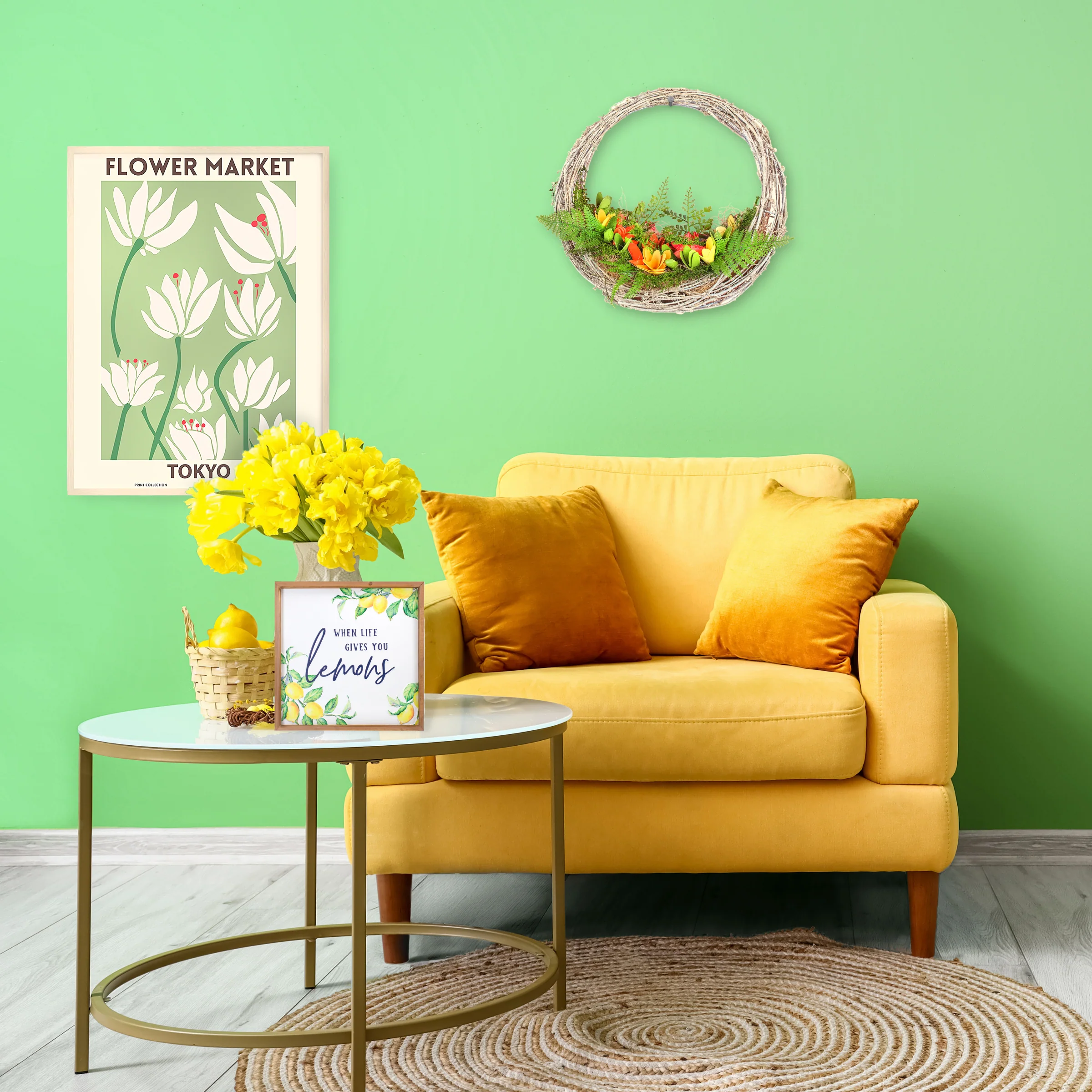 15 in. Spring Multi Floral Hammock Wreath with Multi Floral Colorful Wood Flowers and Mossy Greenery - Image 2