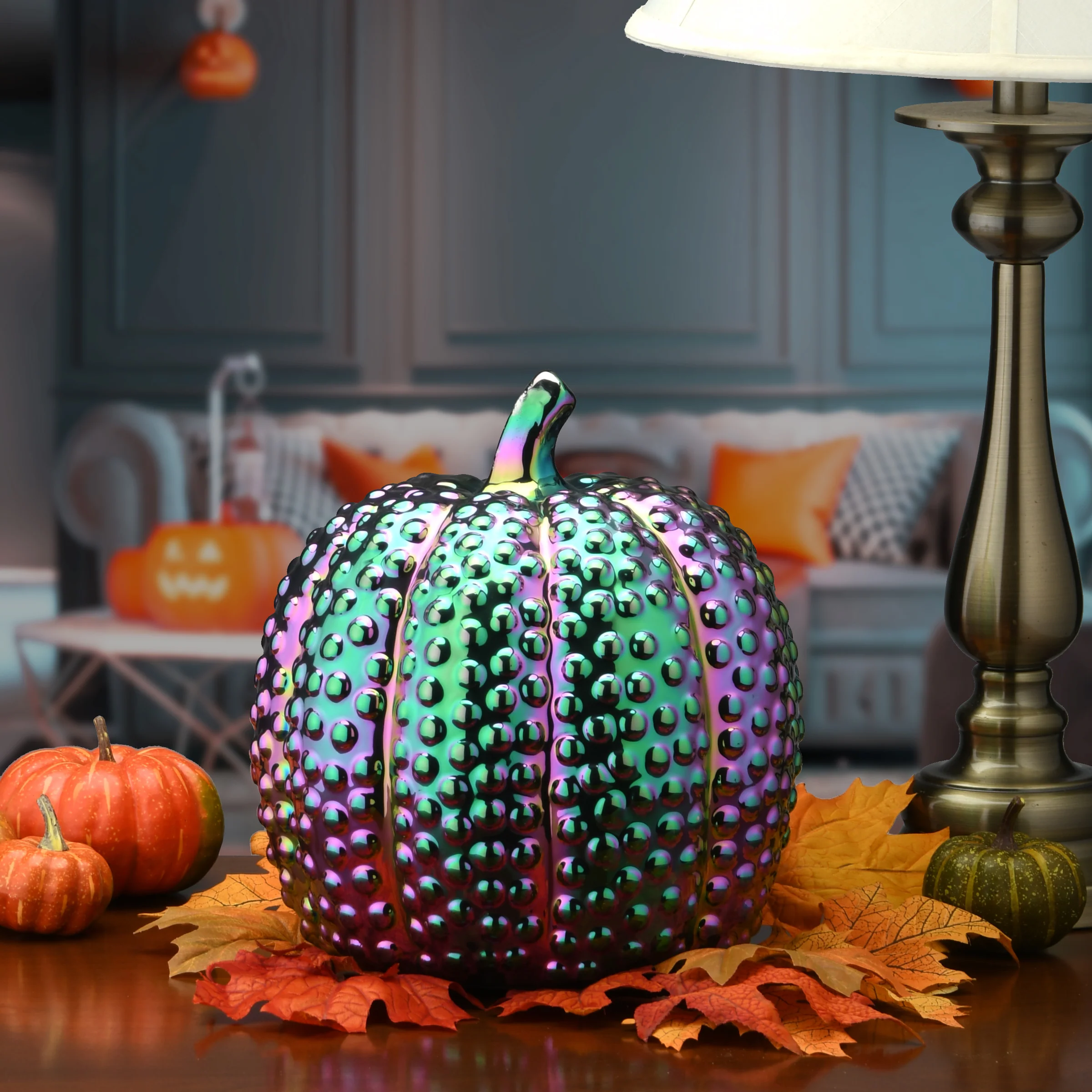 10 in. Halloween Ceramic Iridescent Purple Pumpkin Decoration - Image 2