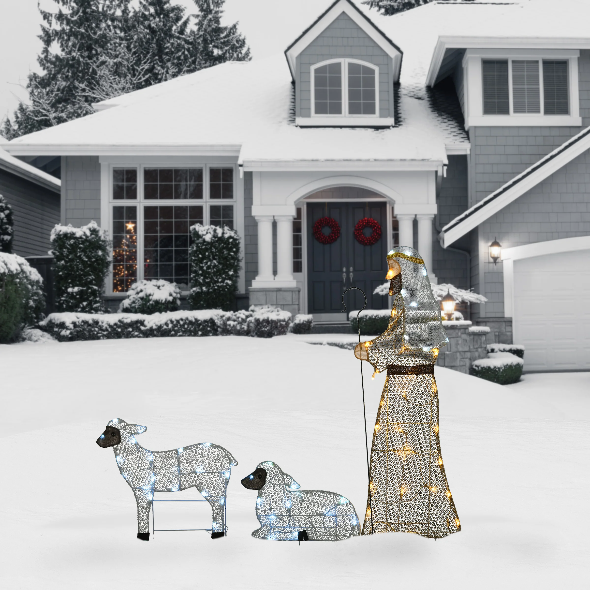 41 in., 18 in. and 12 in. Fabric Glitter Shepherd and Sheep Set with Warm and Cool White Steady LED Lights, Plug-In - Image 2