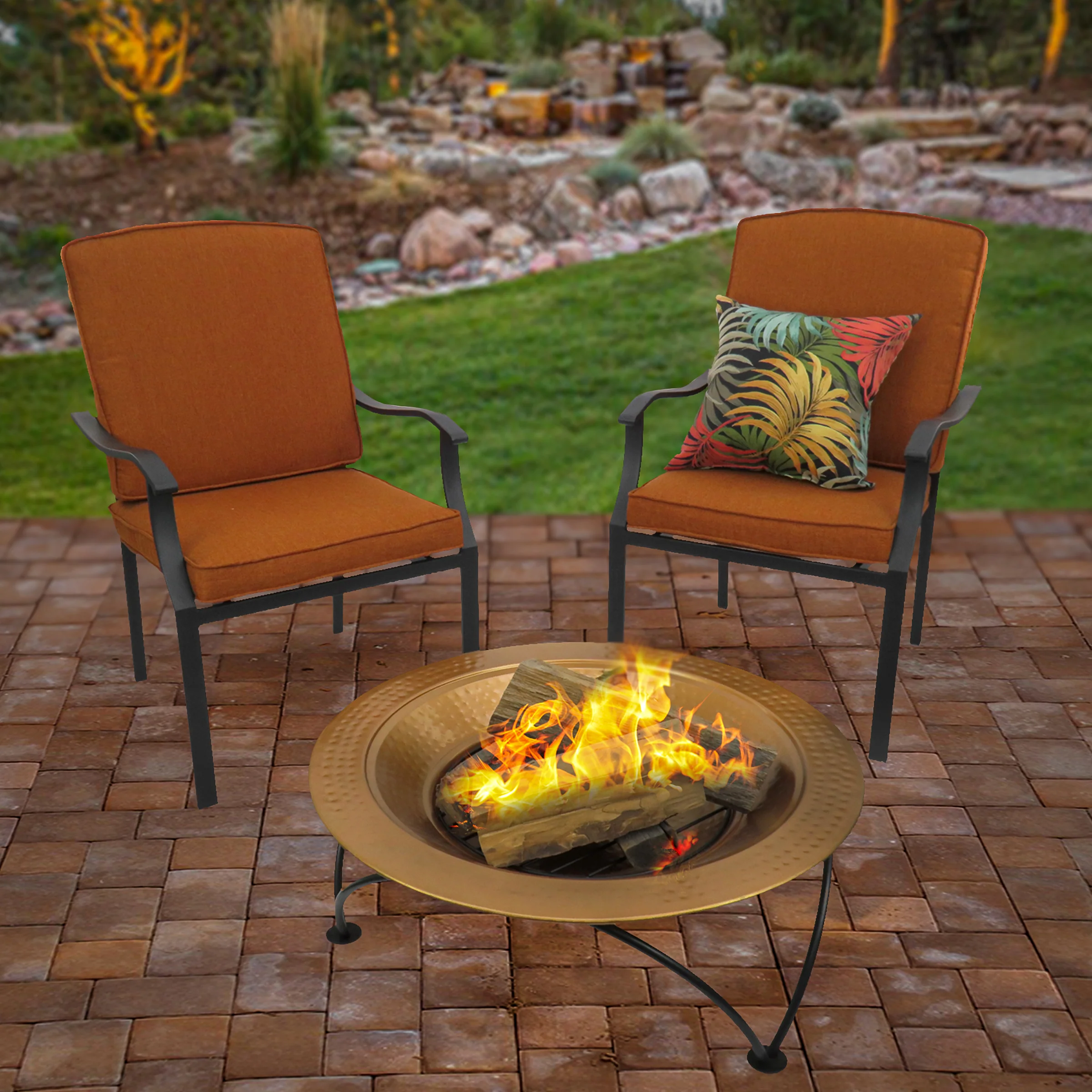 33 in. Copper Finish Hammered Steel Outdoor Fire Pit with Black Stand, Cover, Fire Poker - Image 2
