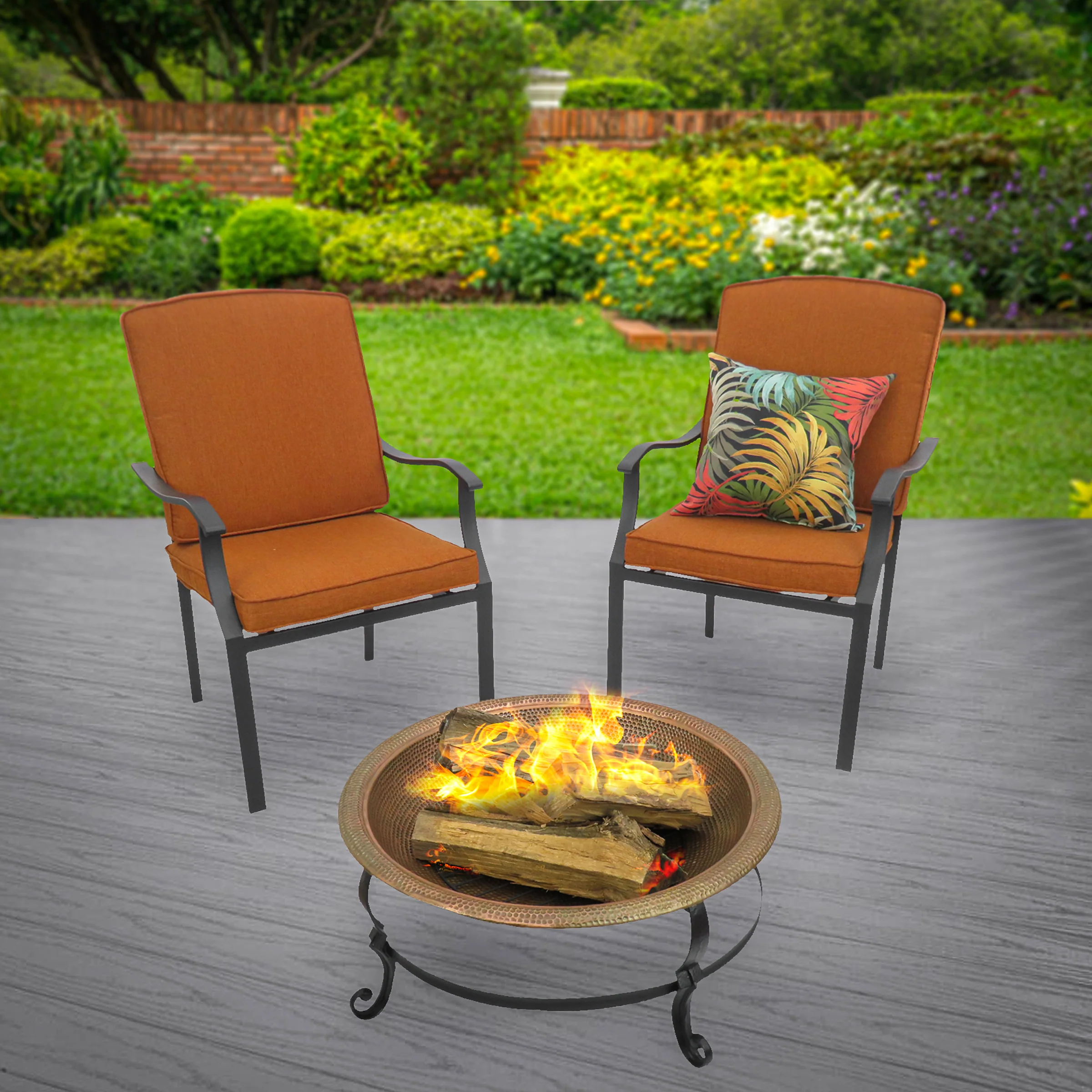 30 in. Copper Finish Hammered Steel Outdoor Fire Pit with Black Stand, Fire Poker and Copper Cover - Image 2