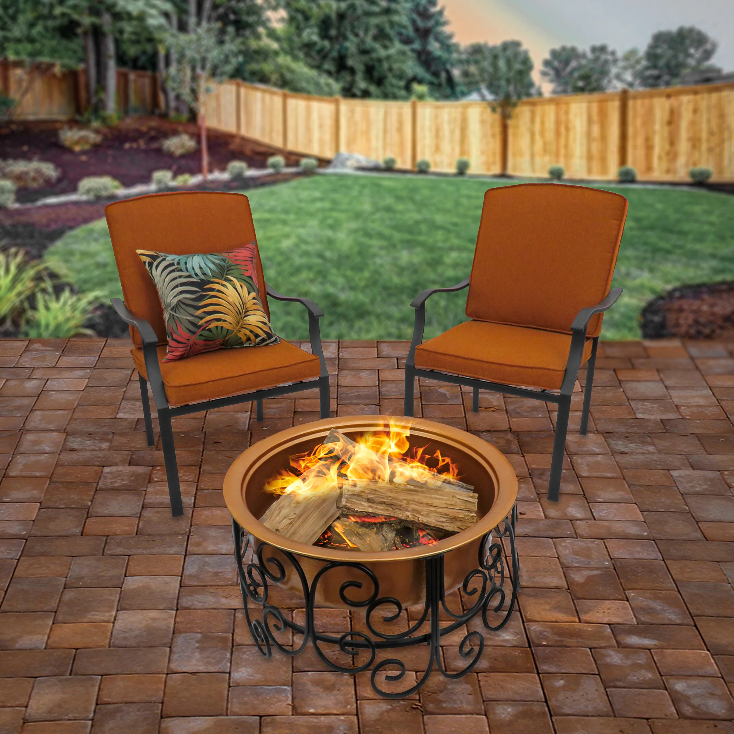 30in. Copper Finish Steel Outdoor Fire Pit with Ornate Black Stand, Screen Cover, Fire Poker - Image 2