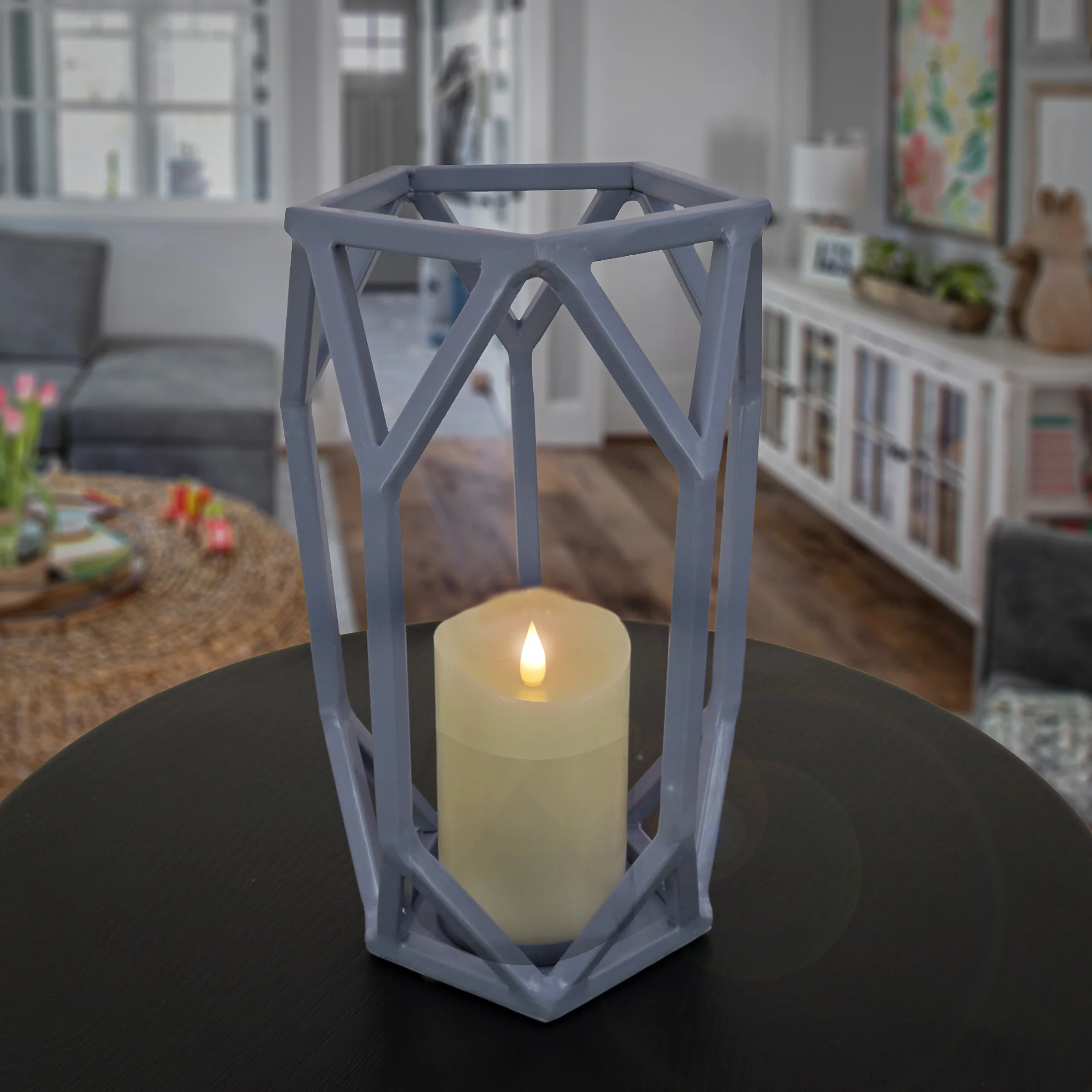 11 in. Modern Design and Finish Dusty Blue Outdoor Lantern Candleholder - Image 2