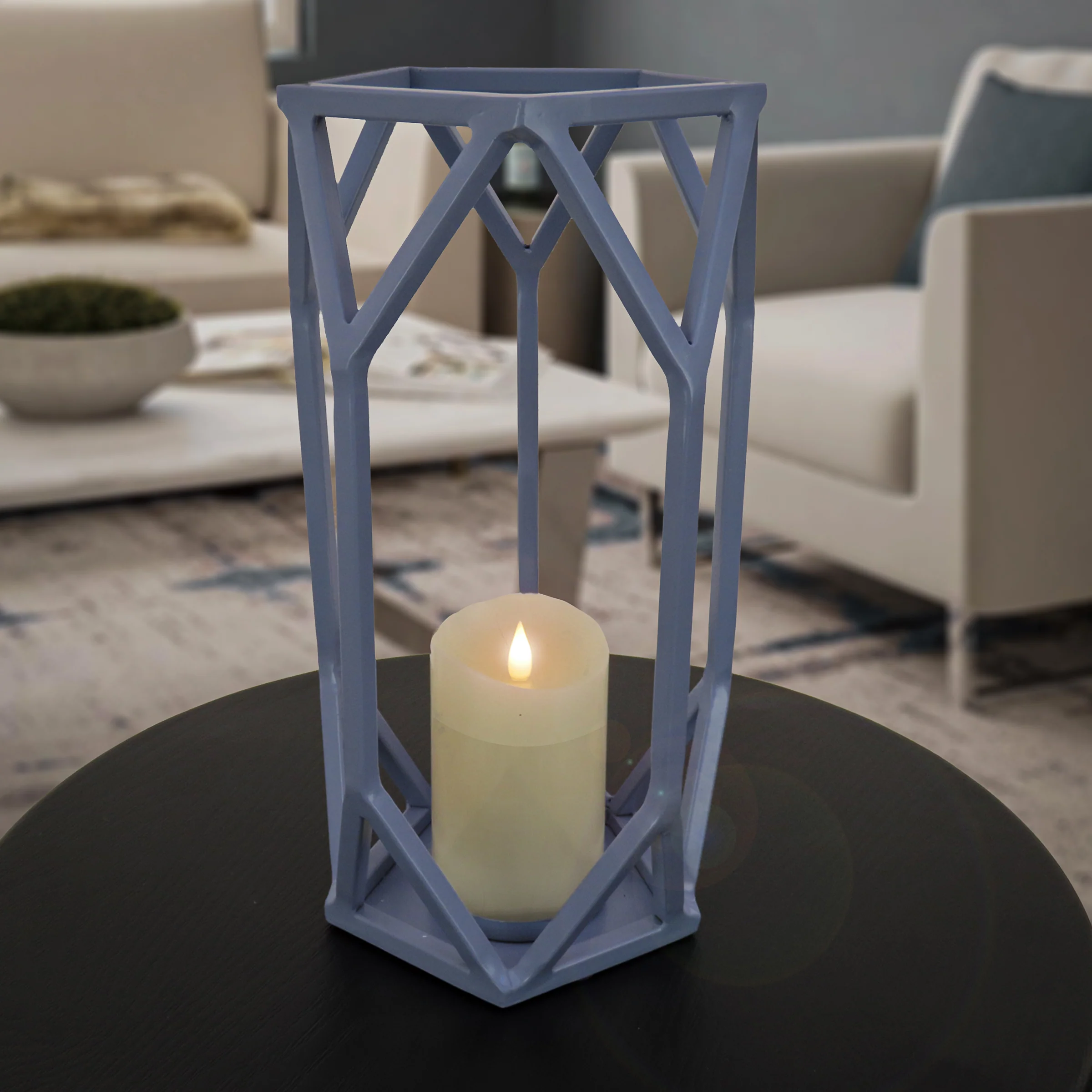 14 in. Modern Design and Finish Dusty Blue Outdoor Lantern Candleholder - Image 2