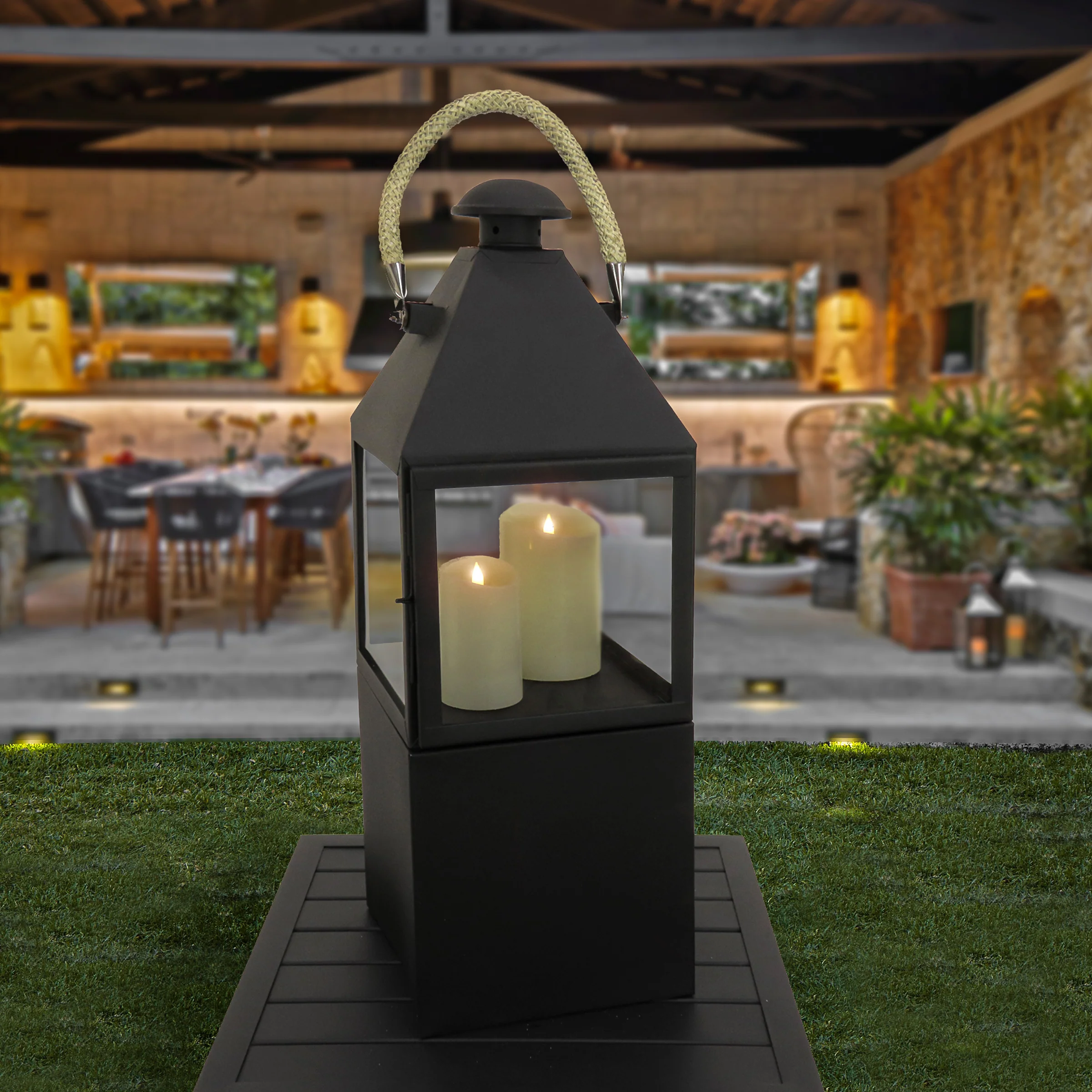 29 in.  Matte Black Finish Enclosed Glass Outdoor Lantern Candleholder - Image 2