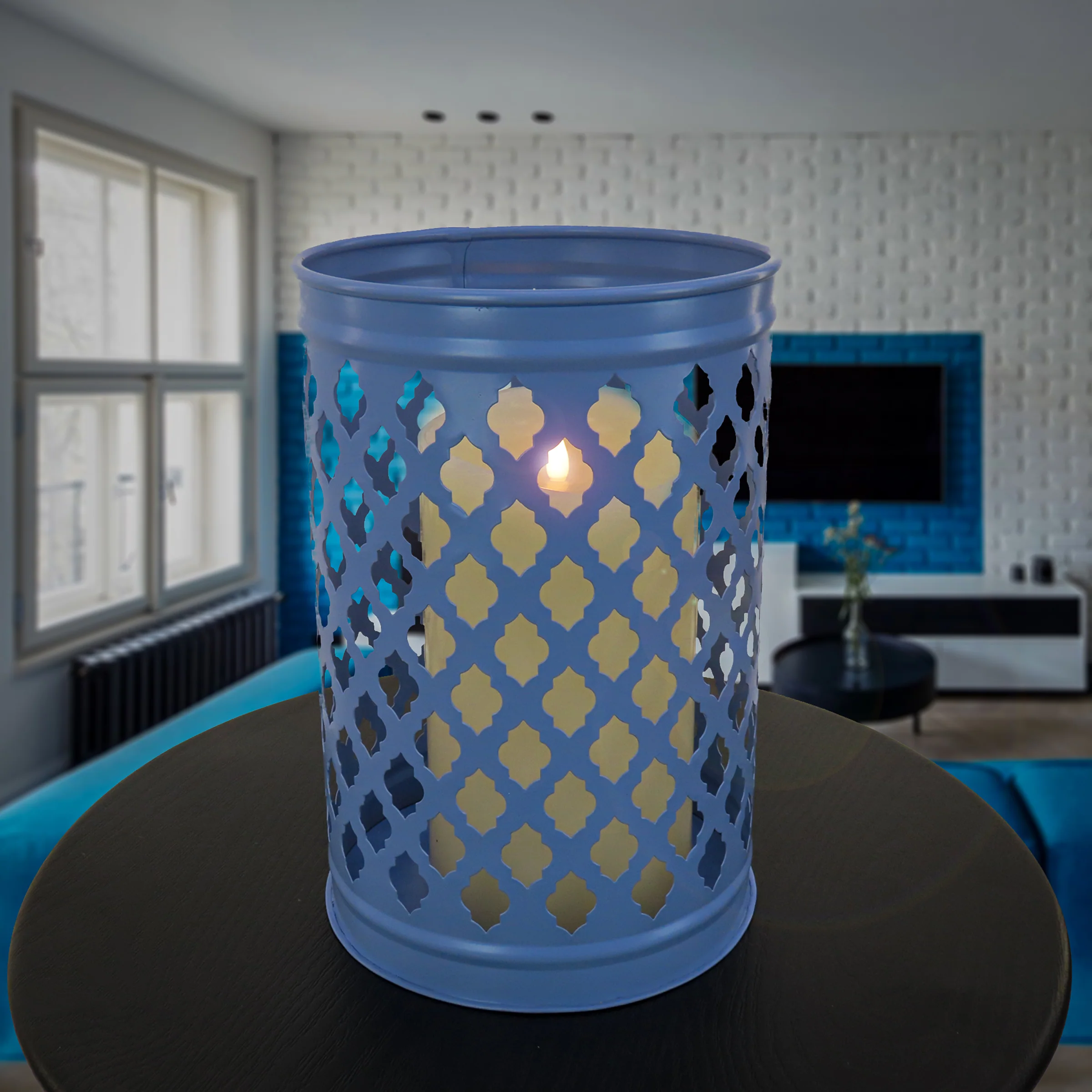 12 in. Modern Design and Finish Ice Melt Blue Outdoor Lantern Candleholder - Image 2