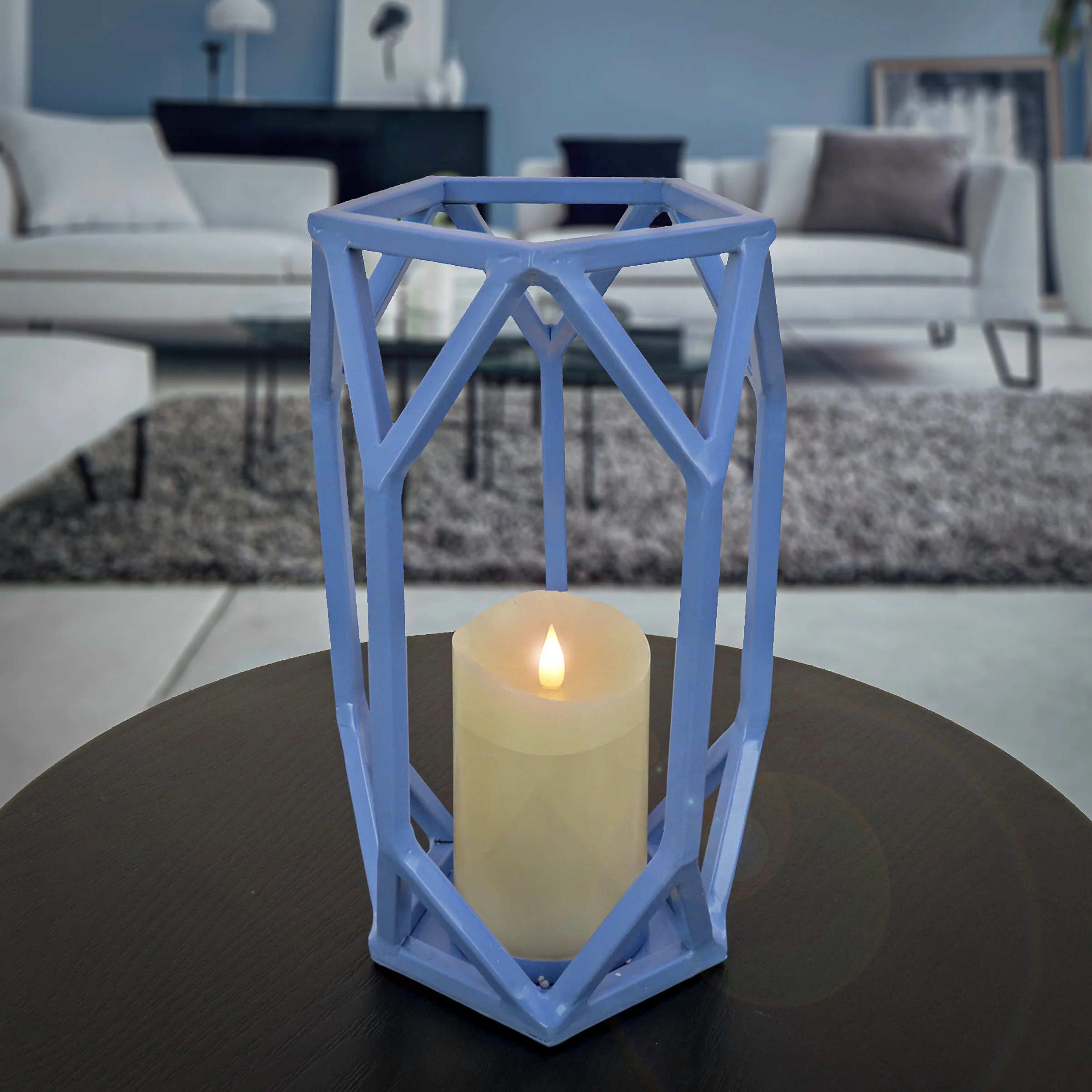 11 in. Modern Design and Finish Ice Melt Blue Outdoor Lantern Candleholder - Image 2