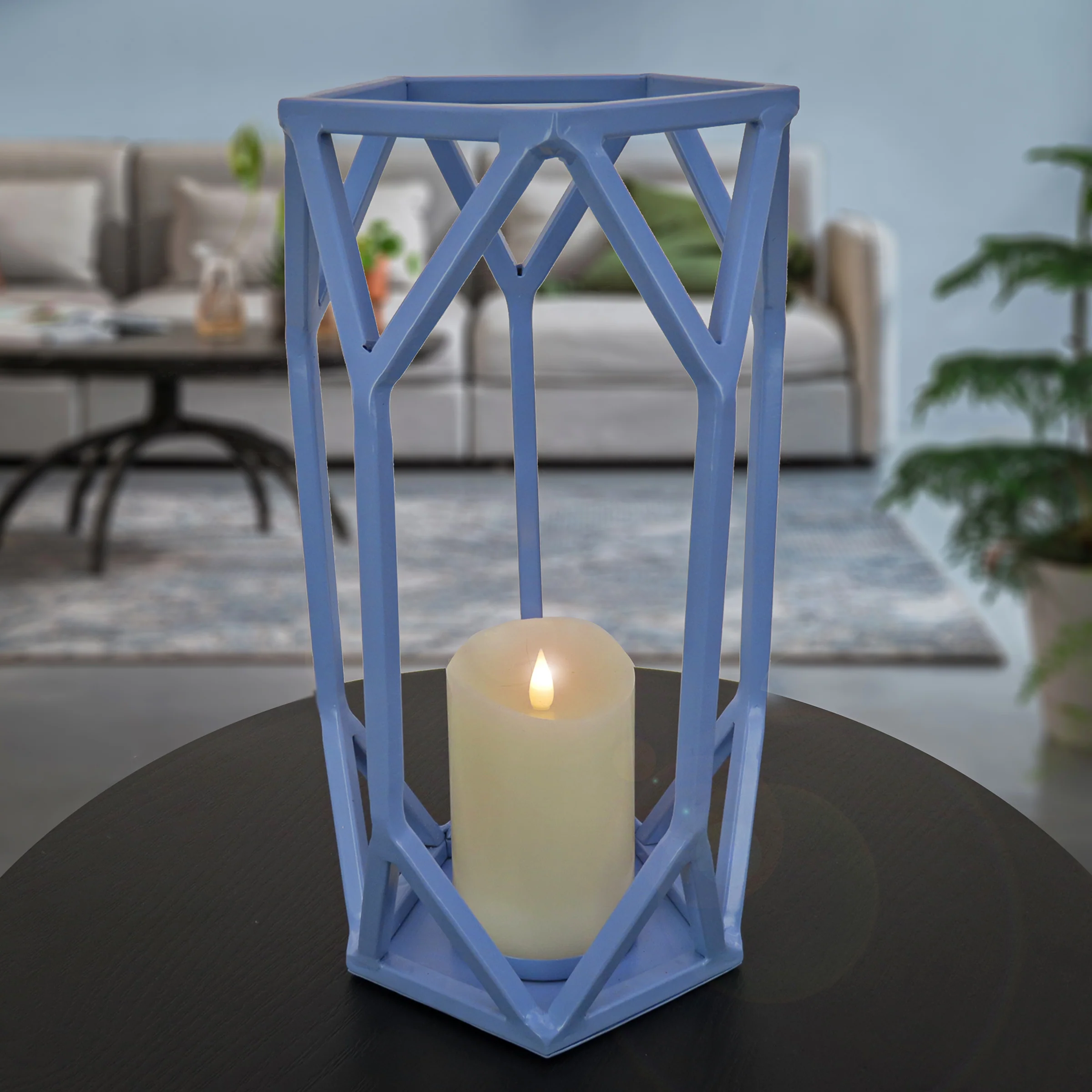 14 in. Modern Design and Finish Ice Melt Blue Outdoor Lantern Candleholder - Image 2