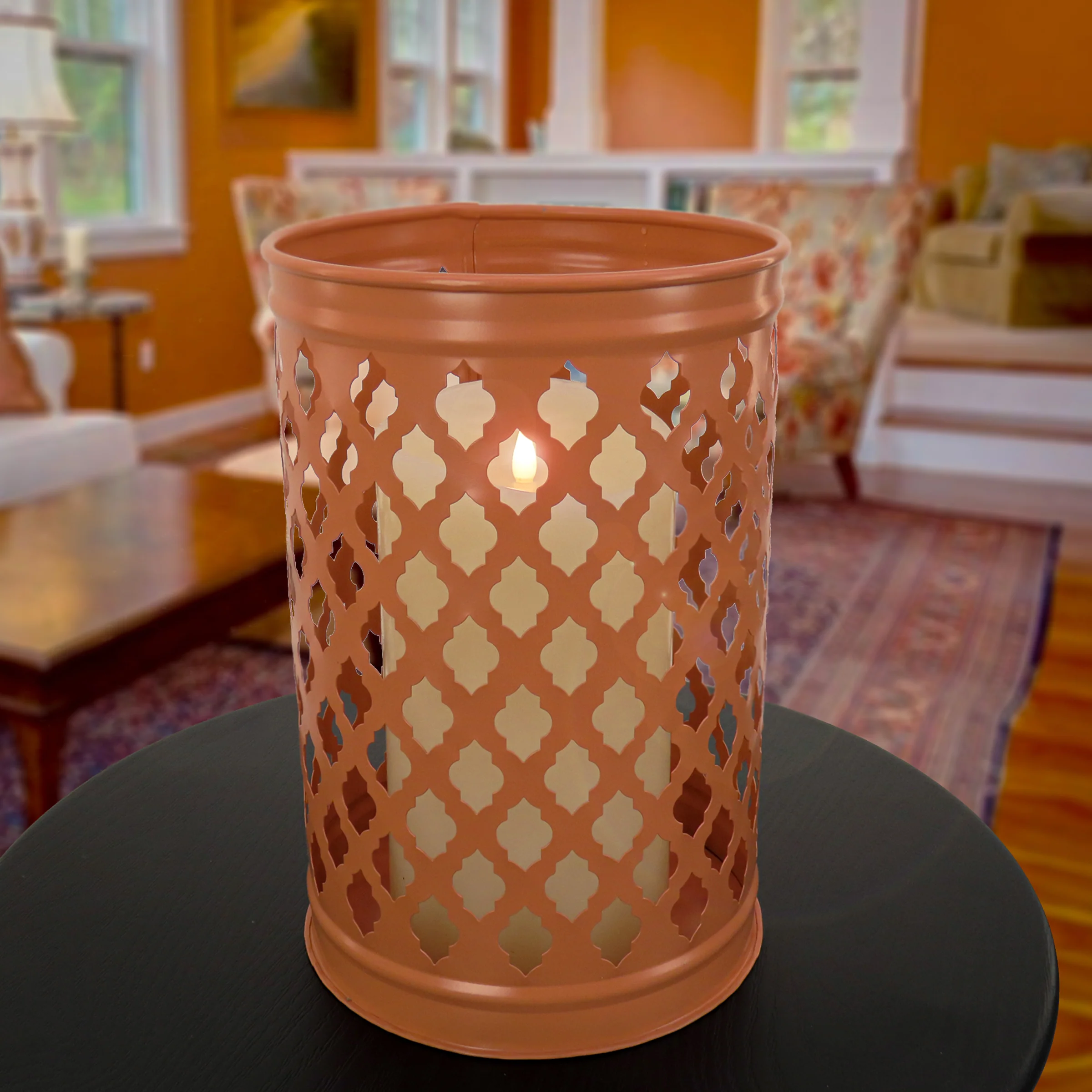 12 in. Modern Design and Finish Pastel Orange Outdoor Lantern Candleholder - Image 2