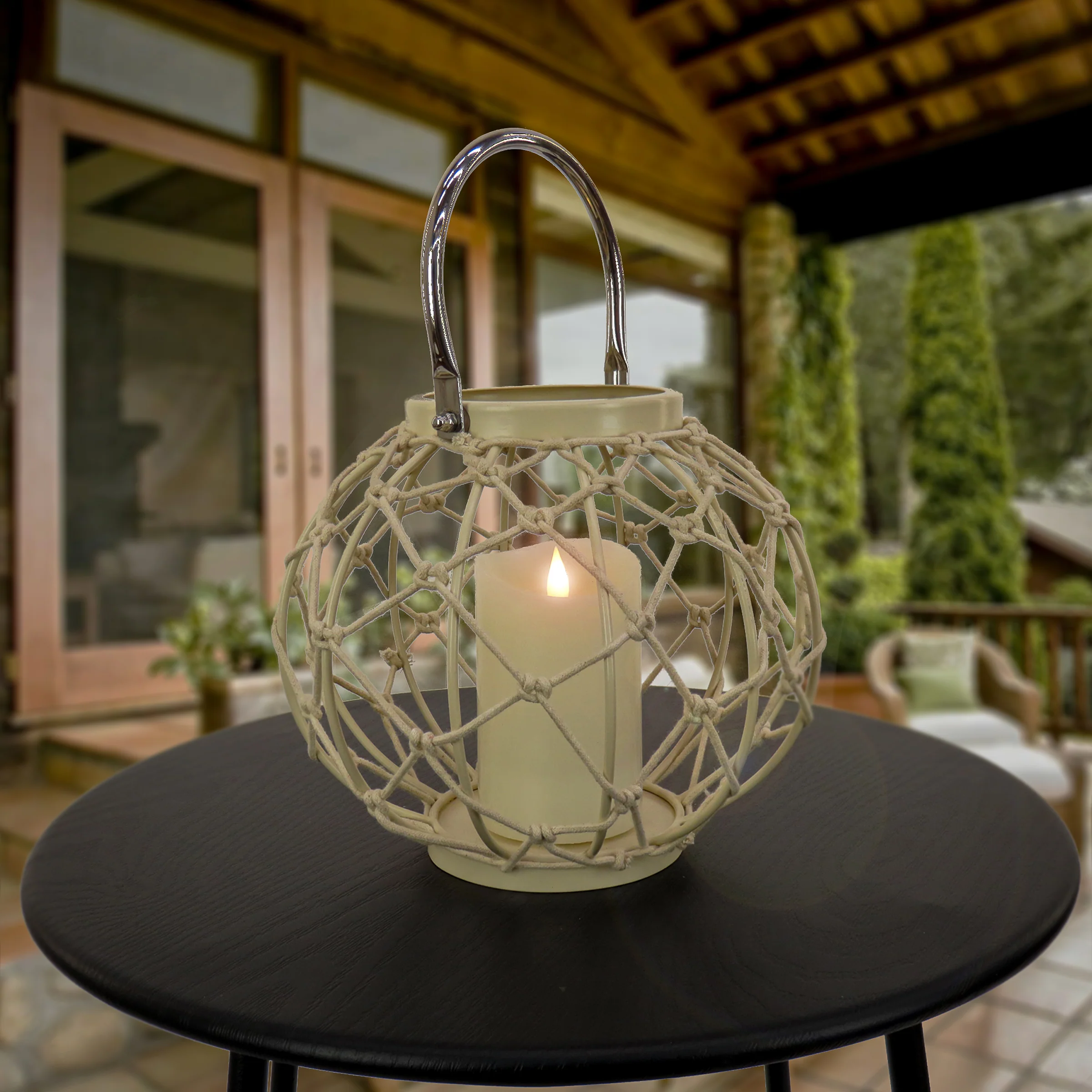 9 in. Modern Design and Finish Bleached Sand Outdoor Lantern Candleholder - Image 2