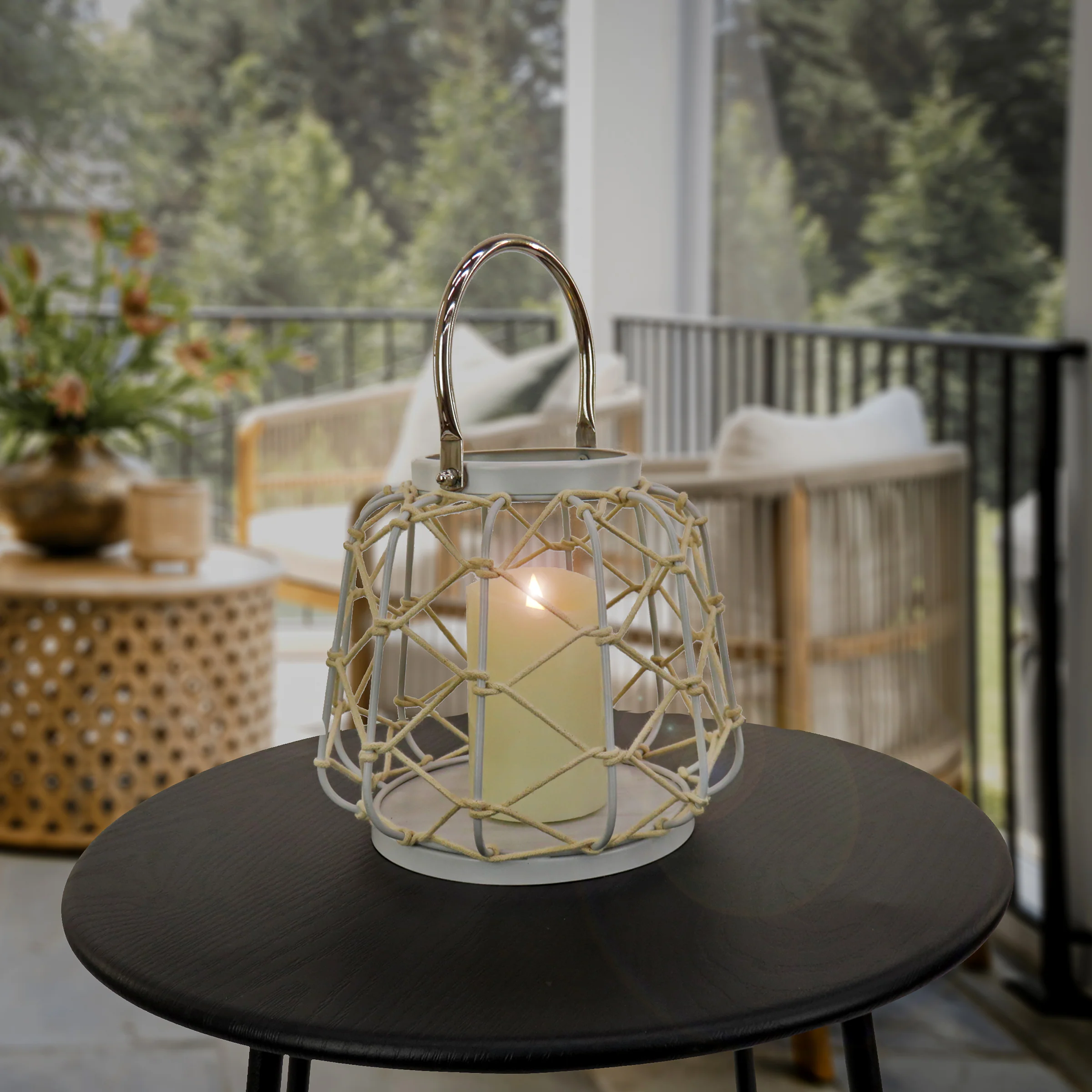 10 in. Glacier Gray Candle Lantern with Rope Weave - Image 2