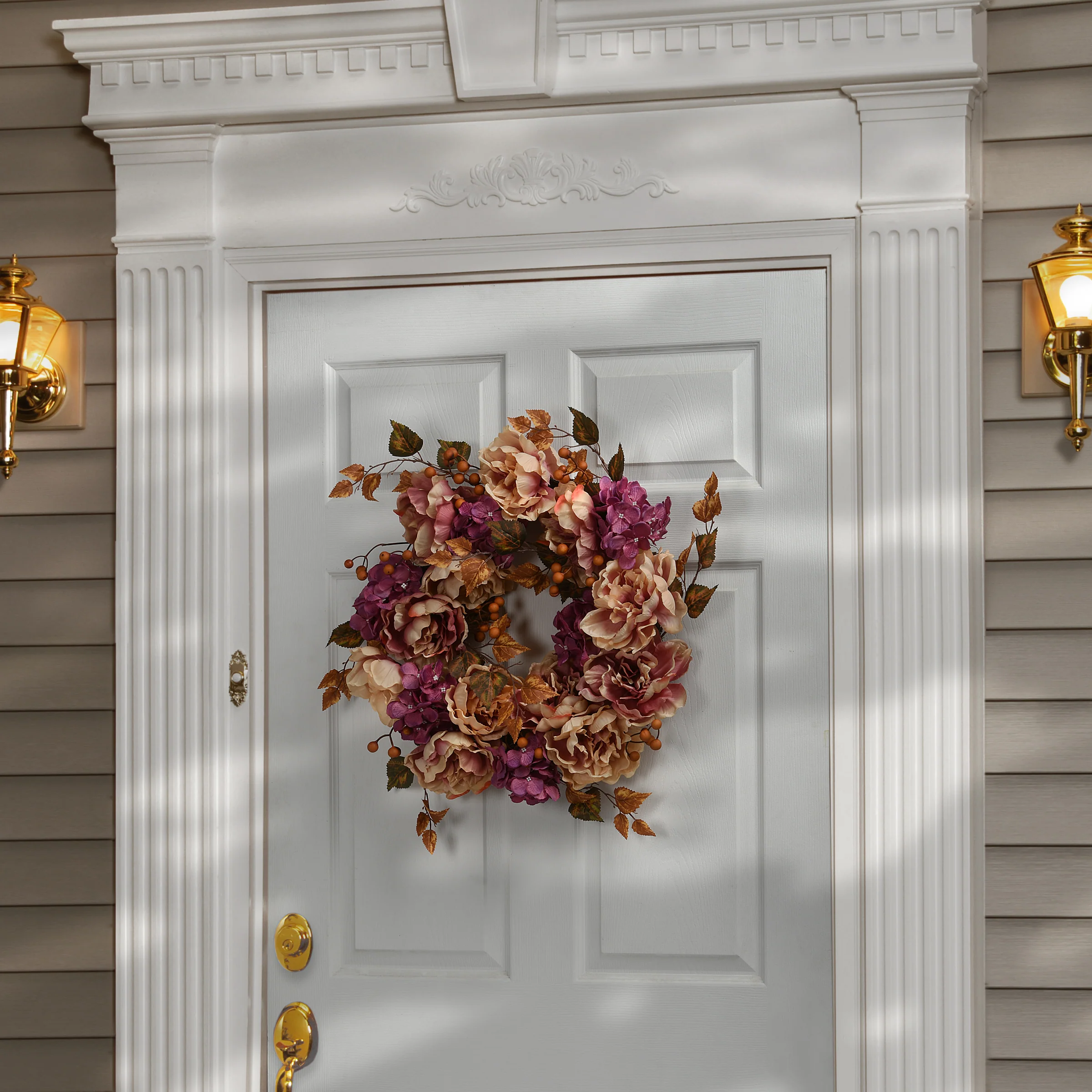 24 in. Fall Wreath with Hydrangeas, Peonies, Berries, Leafy Branches - Image 2
