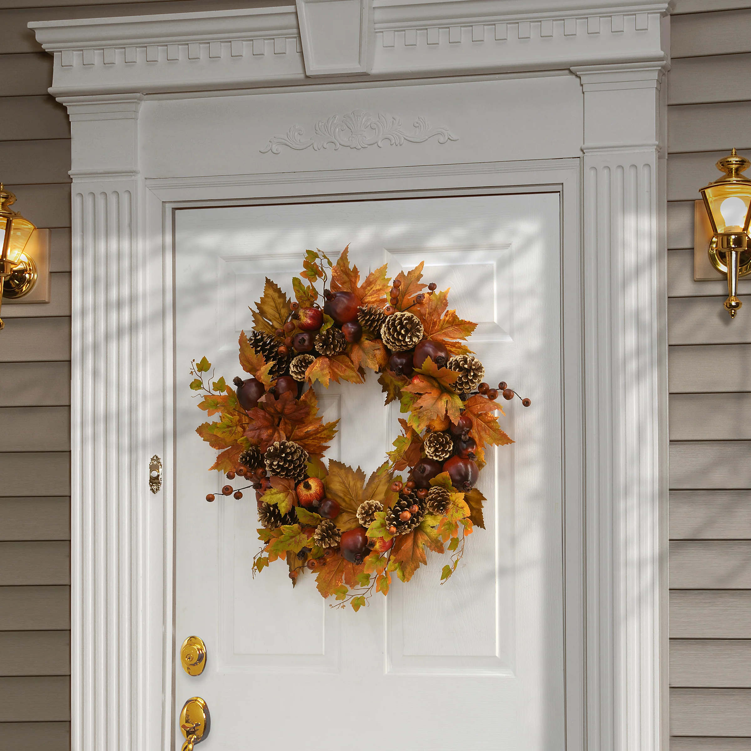 26 in. Fall Wreath with Pomegranates, Berry Clusters, Pine Cones, Maple Leaves - Image 2