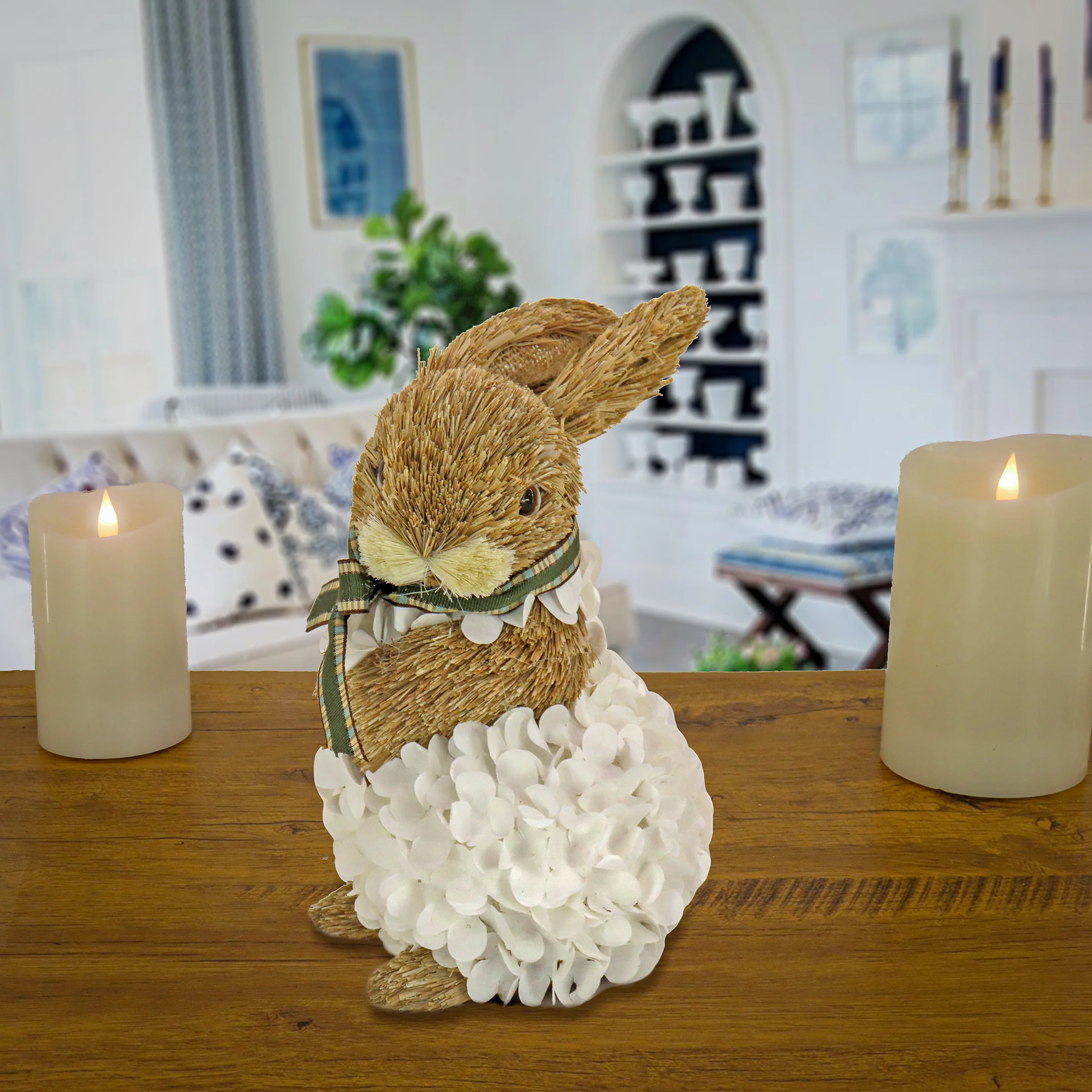 10 in. Easter Bunny Table Decoration Decorated with White Flower Blooms Basket - Image 2