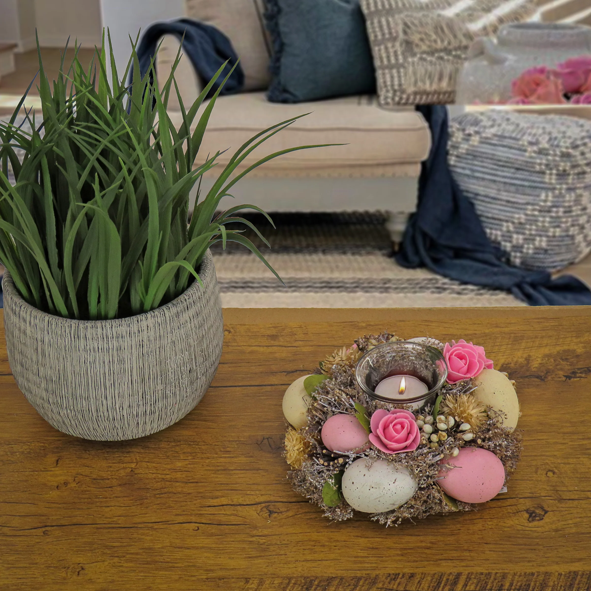 7 in. Easter Candleholder Table Decoration Decorated with Pastel Eggs and Flower Blooms - Image 2