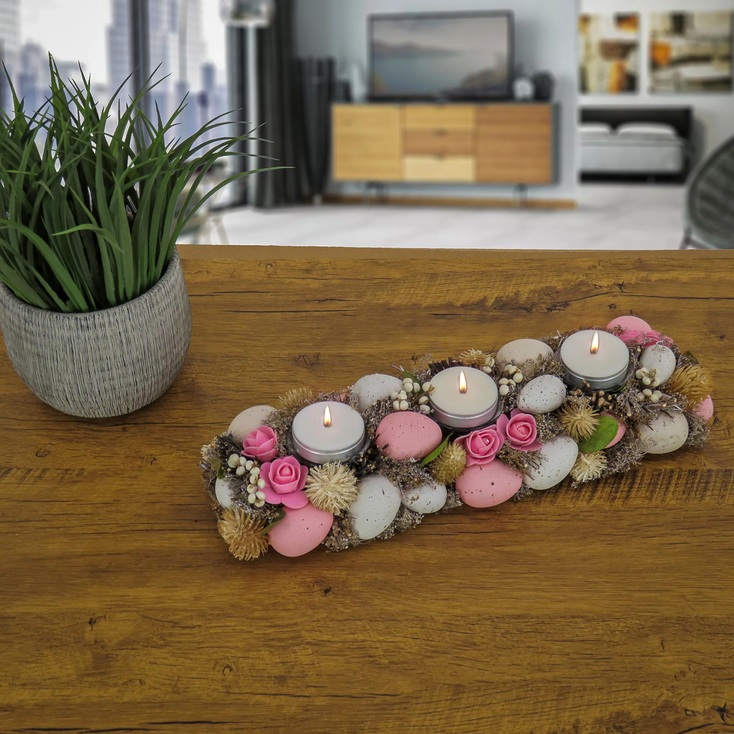 16 in. Easter Candleholder Table Decoration Decorated with Pastel Eggs and Flower Blooms - Image 2