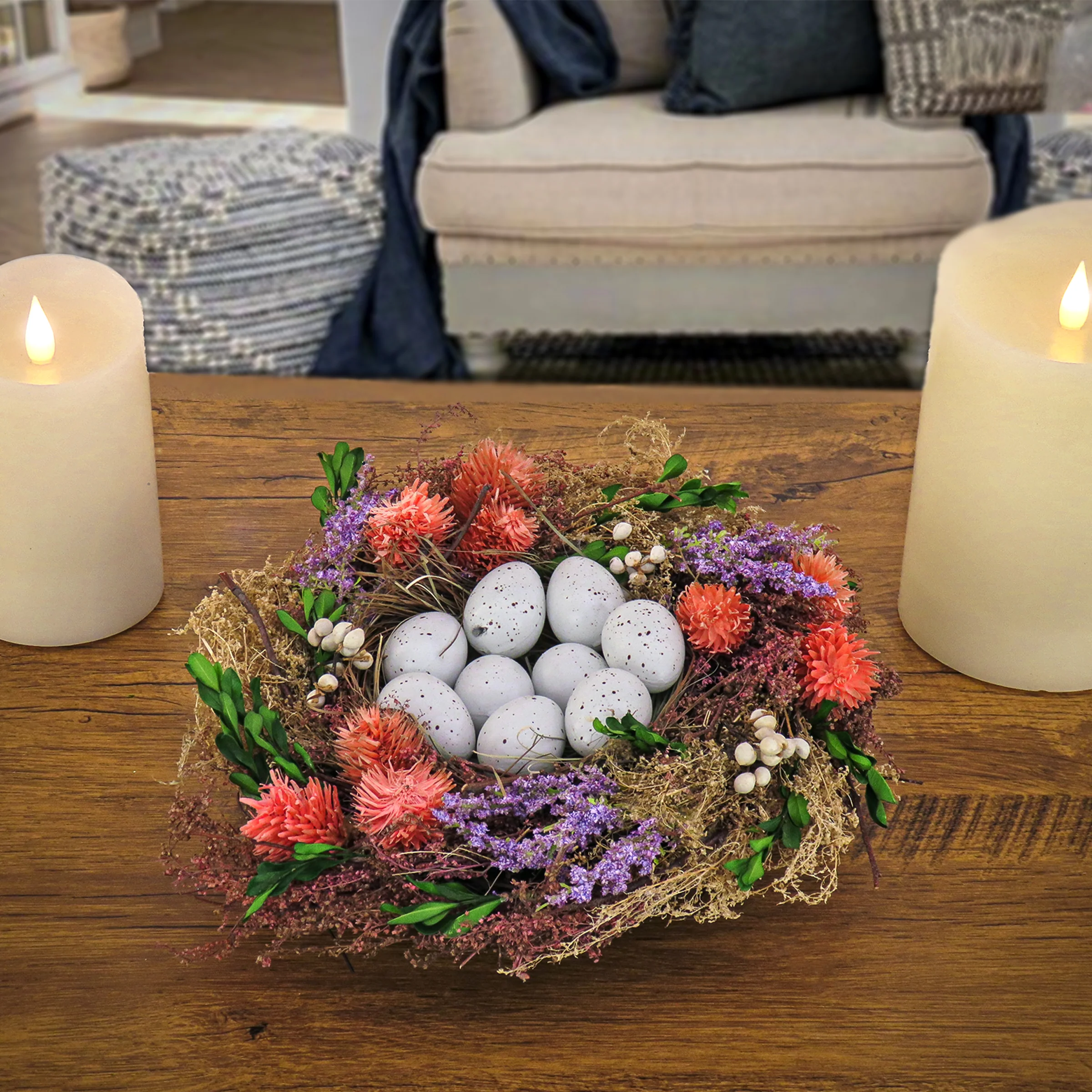 Artificial Floral Bird's Nest Table Decoration, Woven Branch Base, Decorated with Assorted Flowers, Leafy Greens, Pastel Eggs, Easter Collection, 10 Inches - Image 2