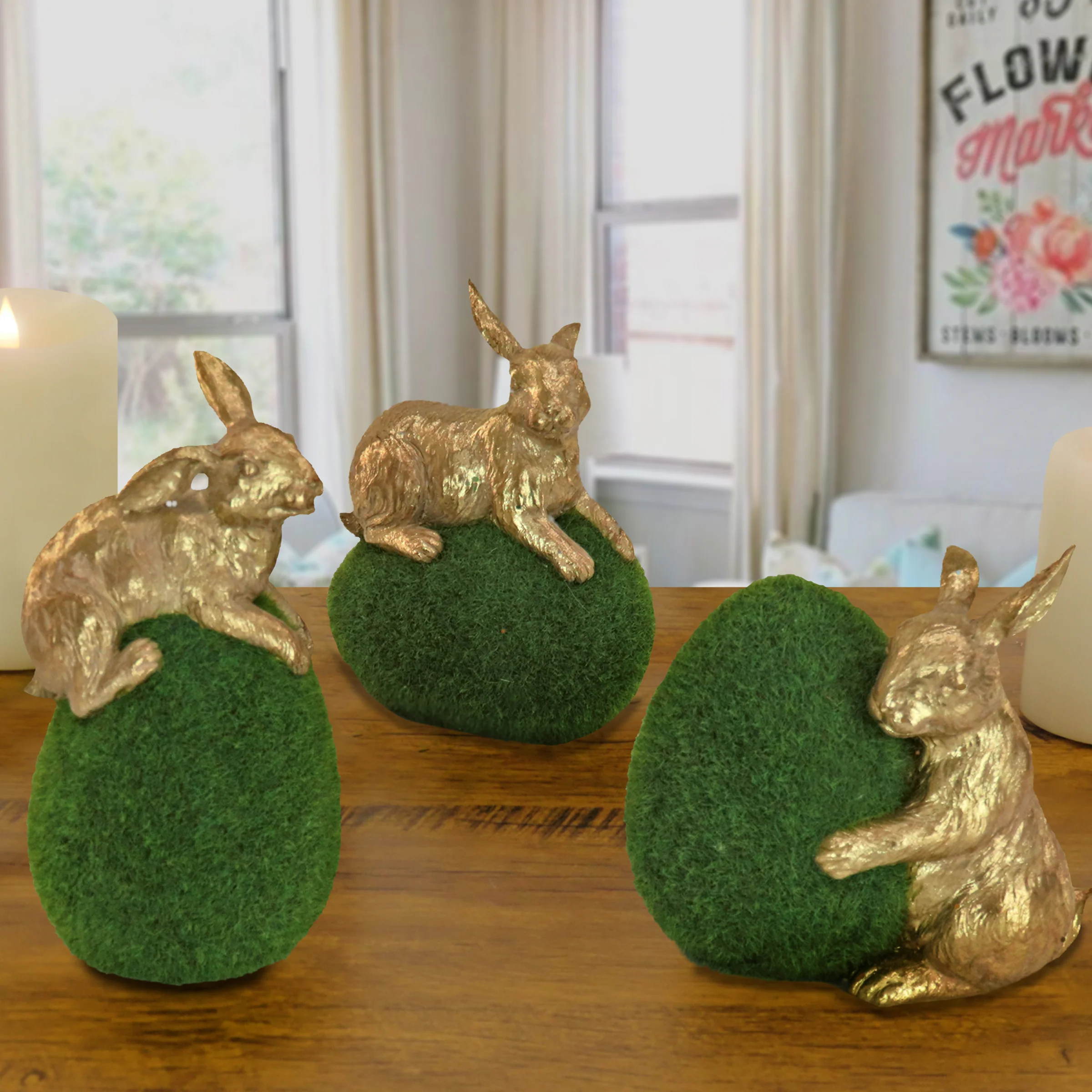 Artificial Green Moss Eggs, Includes Gold Bunnies, Set of Three, Easter Collection, 7 Inches - Image 2