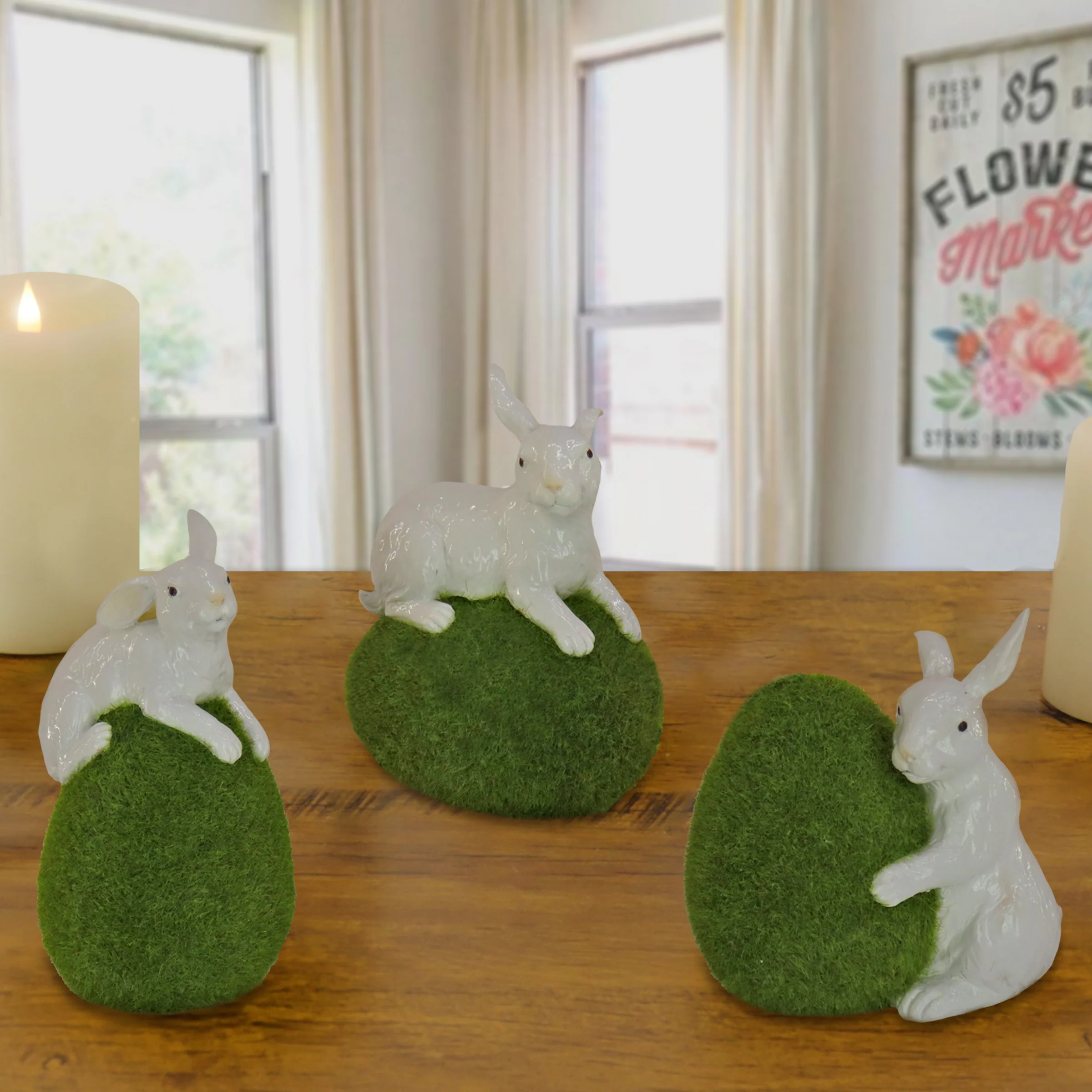 7 in. White Easter Rabbit Figures on Green Moss Covered Eggs, Set of 3 - Image 2