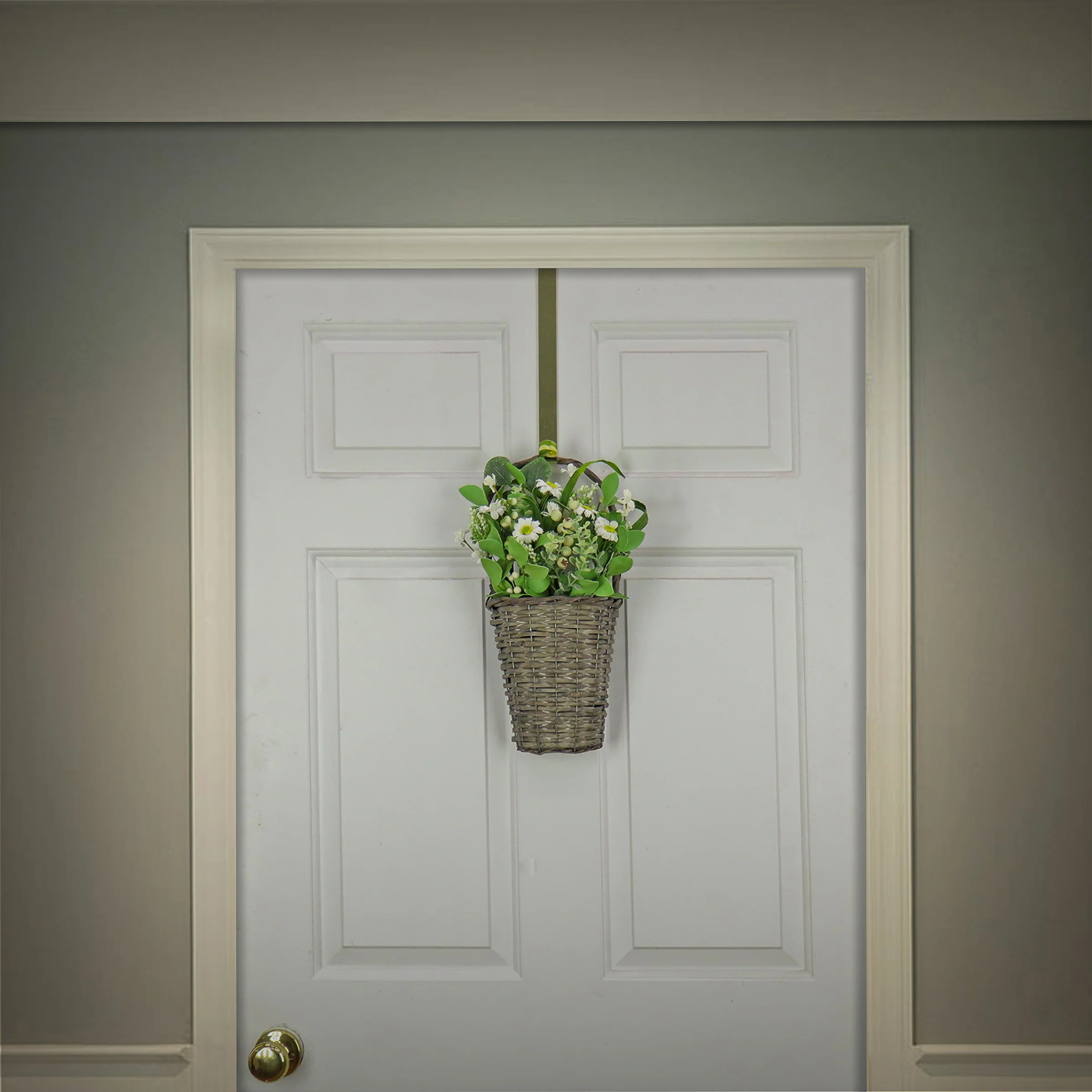 18 in. Spring Wall Hanging Baske with Daisy Flowers, Berries, Leafy Greens - Image 2