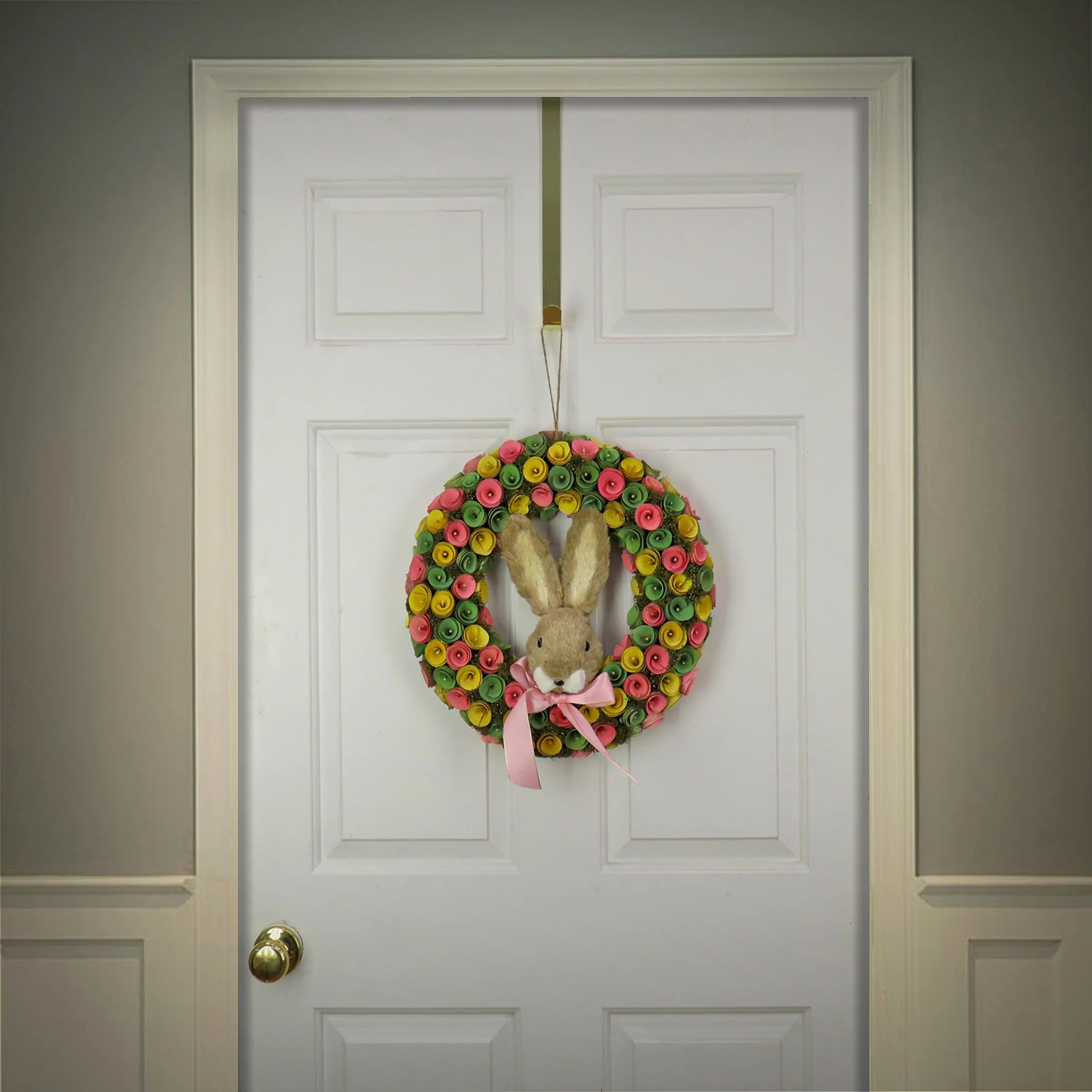 16 in. Easter Wreath Decorated with Colorful Flower Blooms, Bunny Head - Image 2
