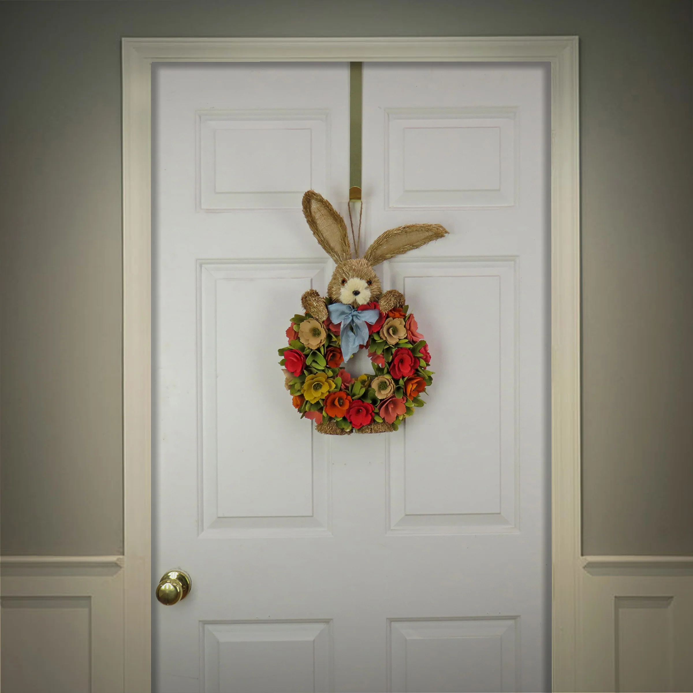 20 in. Easter  Wreath Decorated with Red, Orange and Green Flower Blooms, Bunny Head and Feet - Image 2
