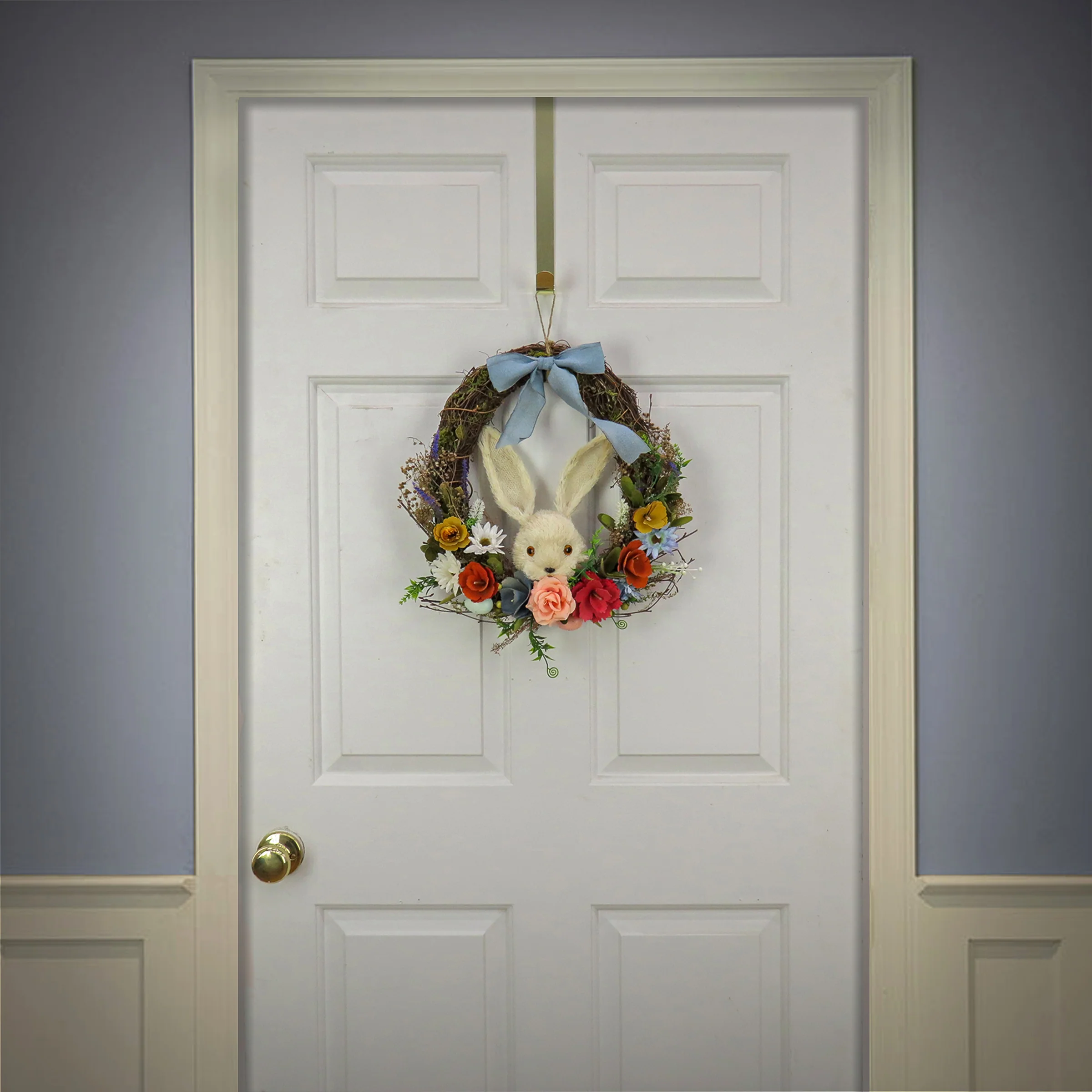 16 in. Easter Wreath Decorated with Multicolor Flower Blooms, Leafy Greens, Bunny Head - Image 2