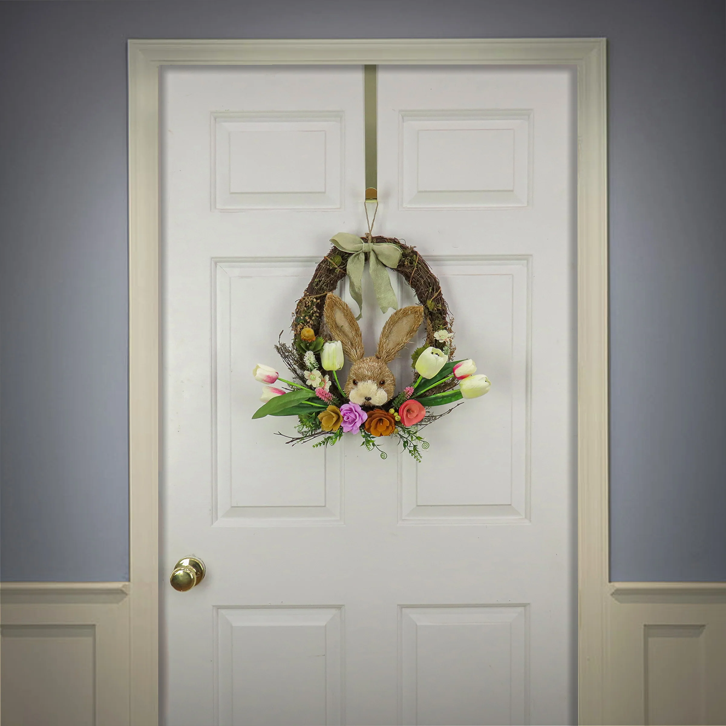 16 in. Easter Wreath Decorated with Multicolor Flower Blooms, Tulips, Leafy Greens, Bunny Head - Image 2