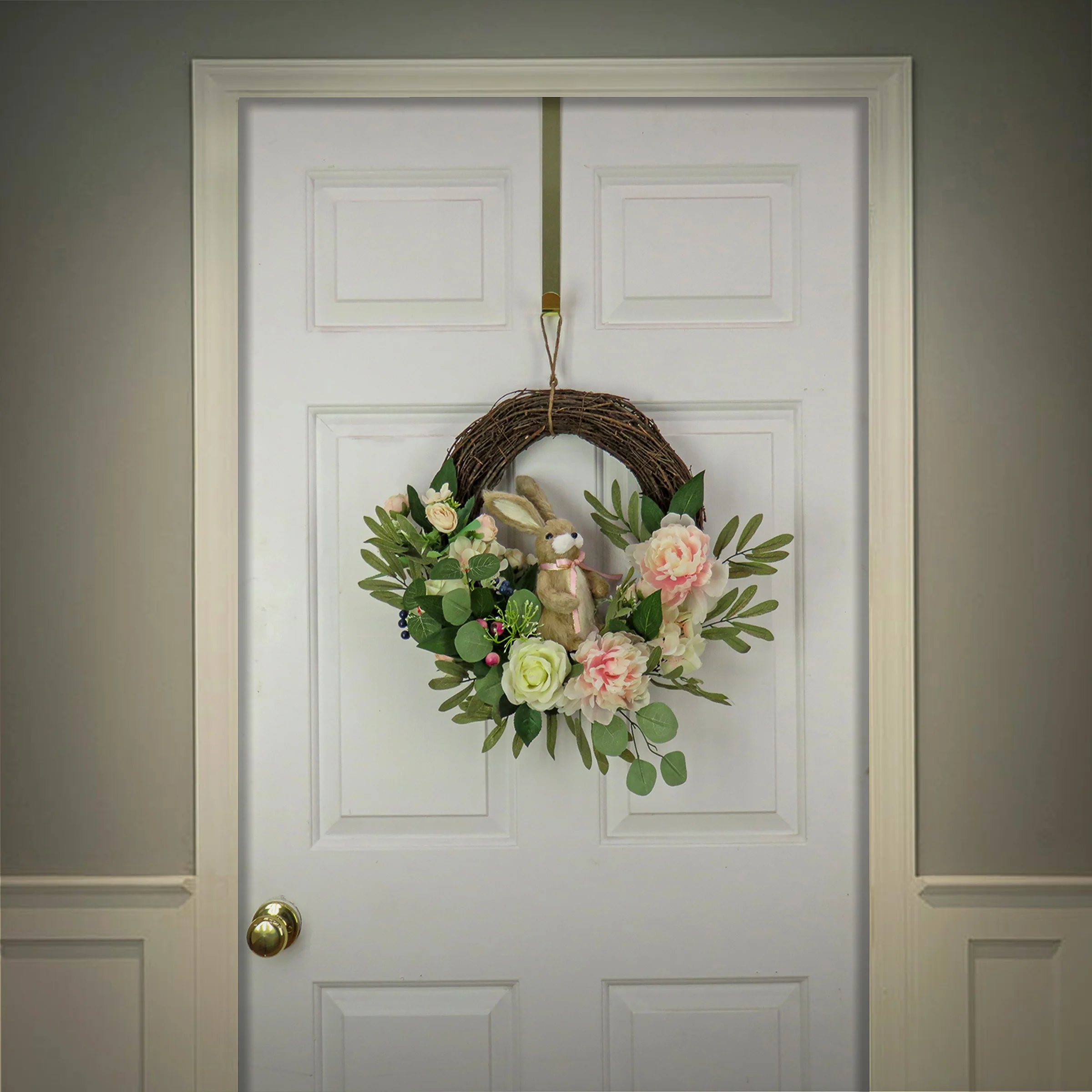 18 in. Easter Wreath Decorated with Pastel Flower Blooms, Bunny, Leafy Greens - Image 2