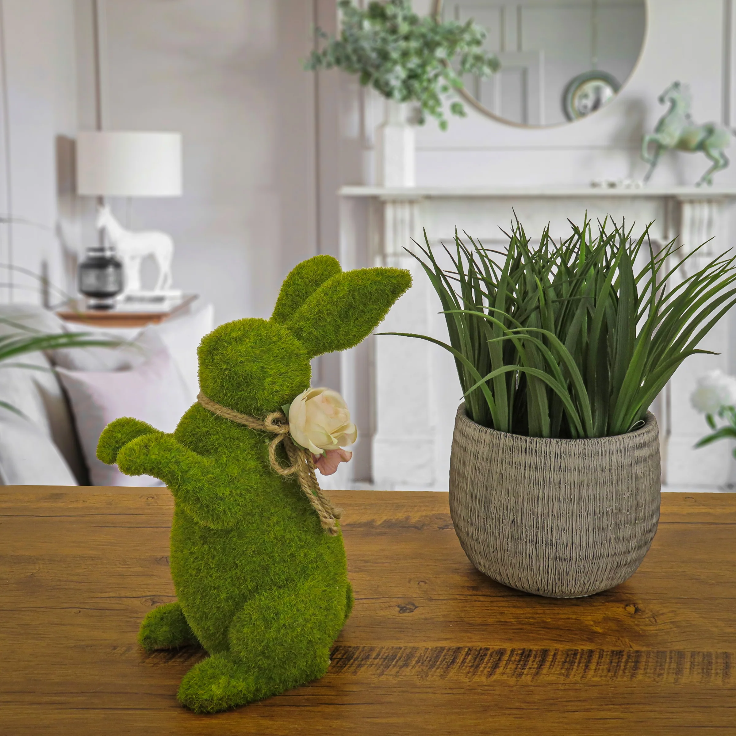 Artificial Moss Bunny Decoration, Foam Base, Decorated with Flower Blooms, Easter Collection, 14 Inches - Image 2