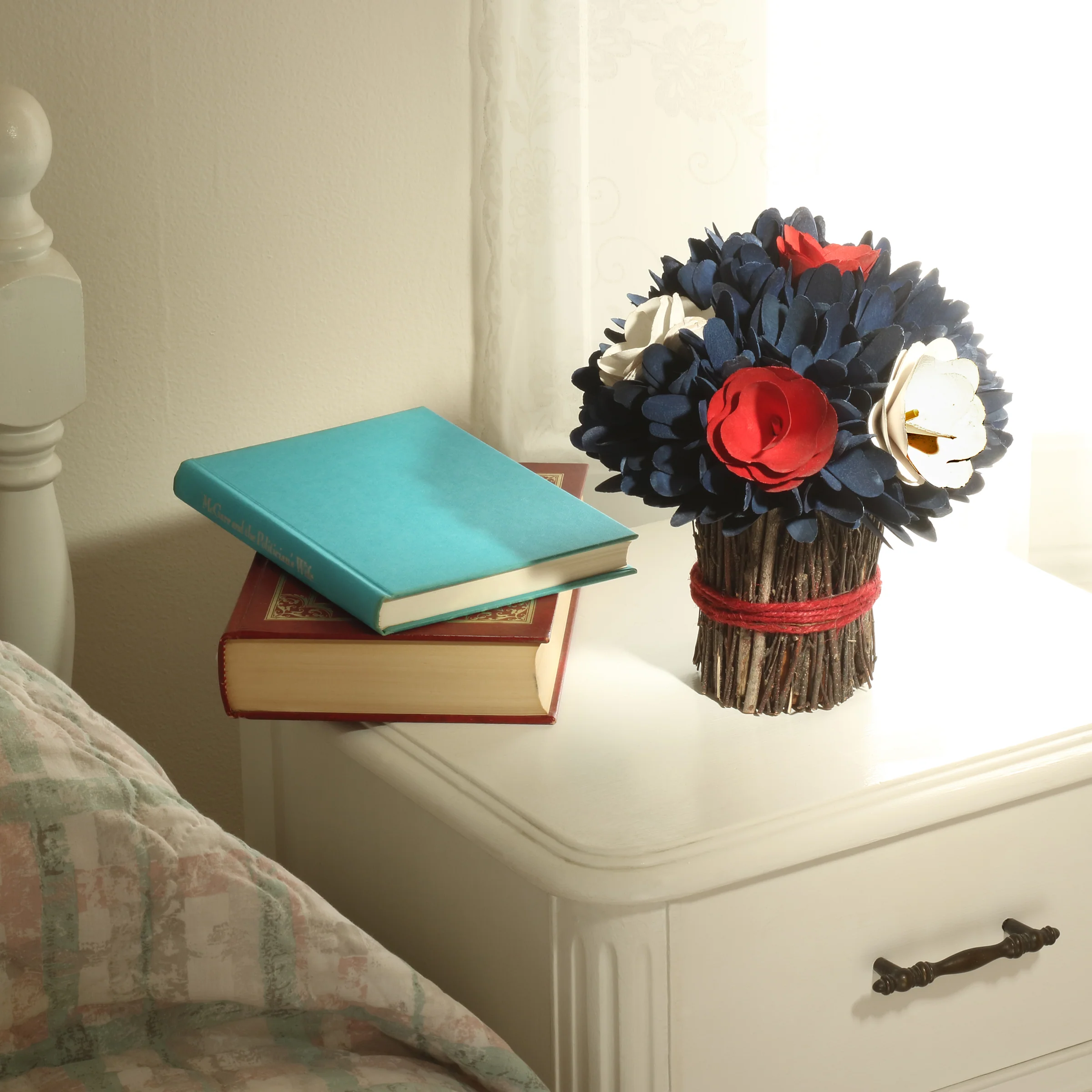 Artificial Patriotic Floral Bundle Blue Decorated with Red and White Flower Blooms Blue Petals Includes Twig Branch Base Fourth of July Collection 9 Inches - Image 2