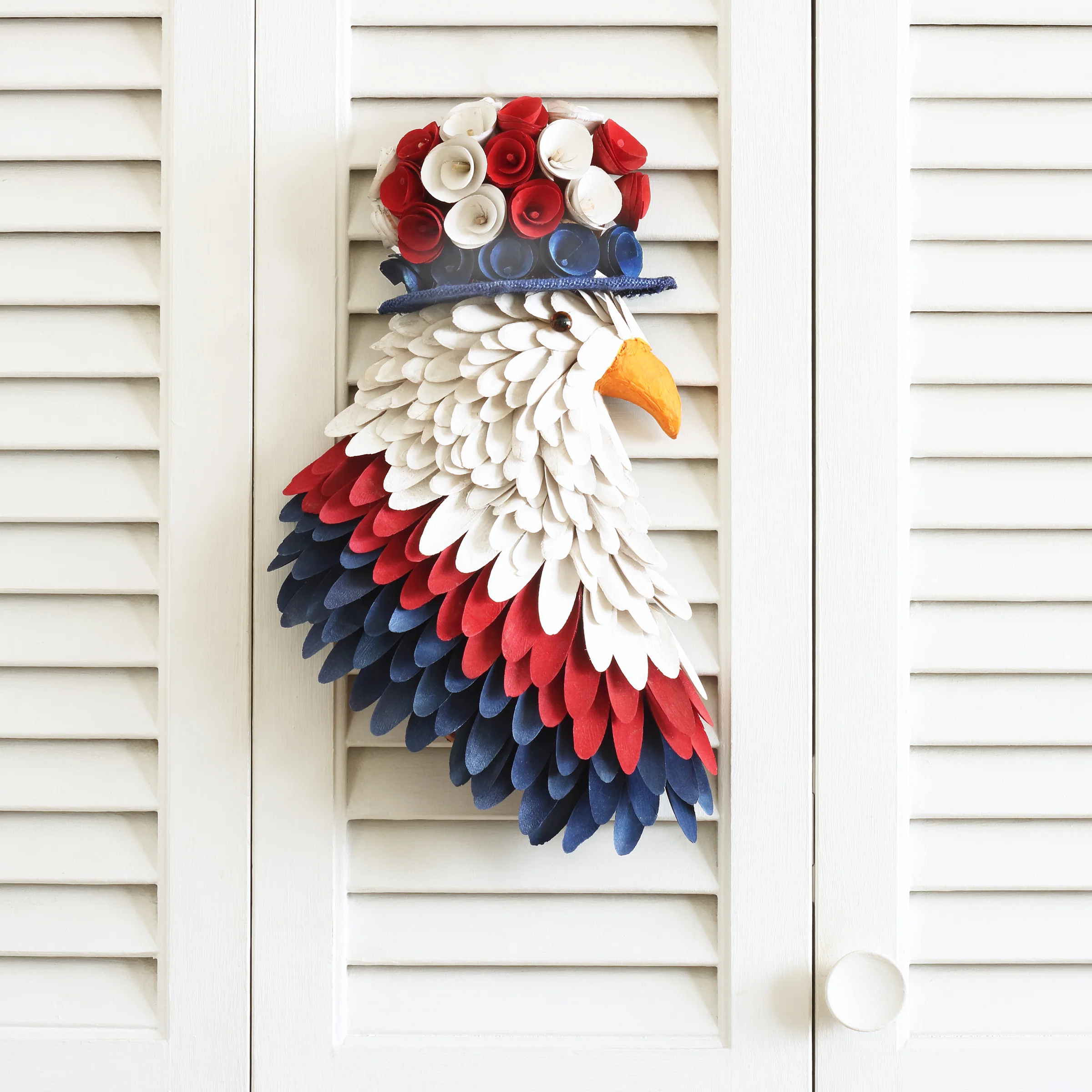 14 in. Patriotic Hanging Eagle Decoration with Red White and Blue Wood Cuts and Flower Blooms - Image 2