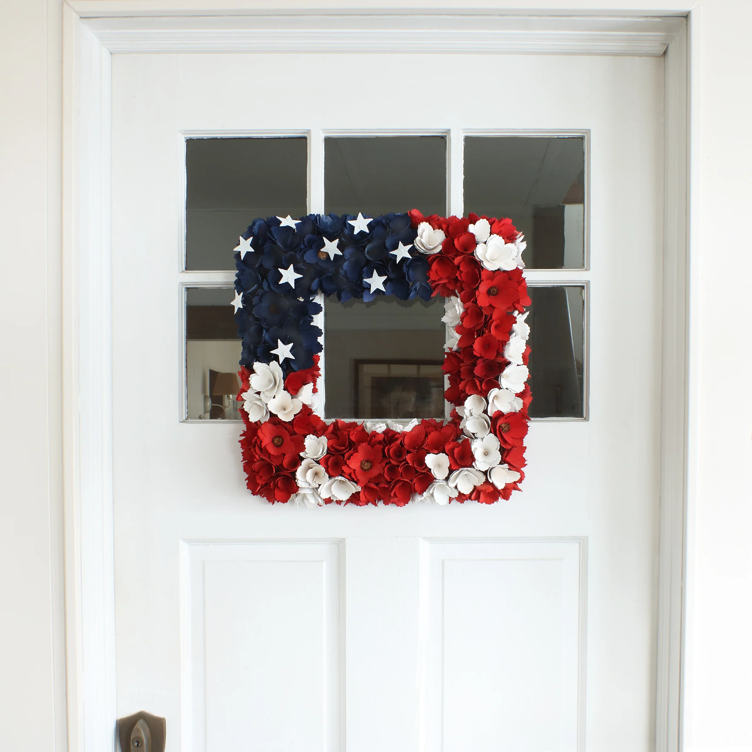 22 in. Patriotic Hanging Square Wreath with Red White and Blue Flowers Stars - Image 2