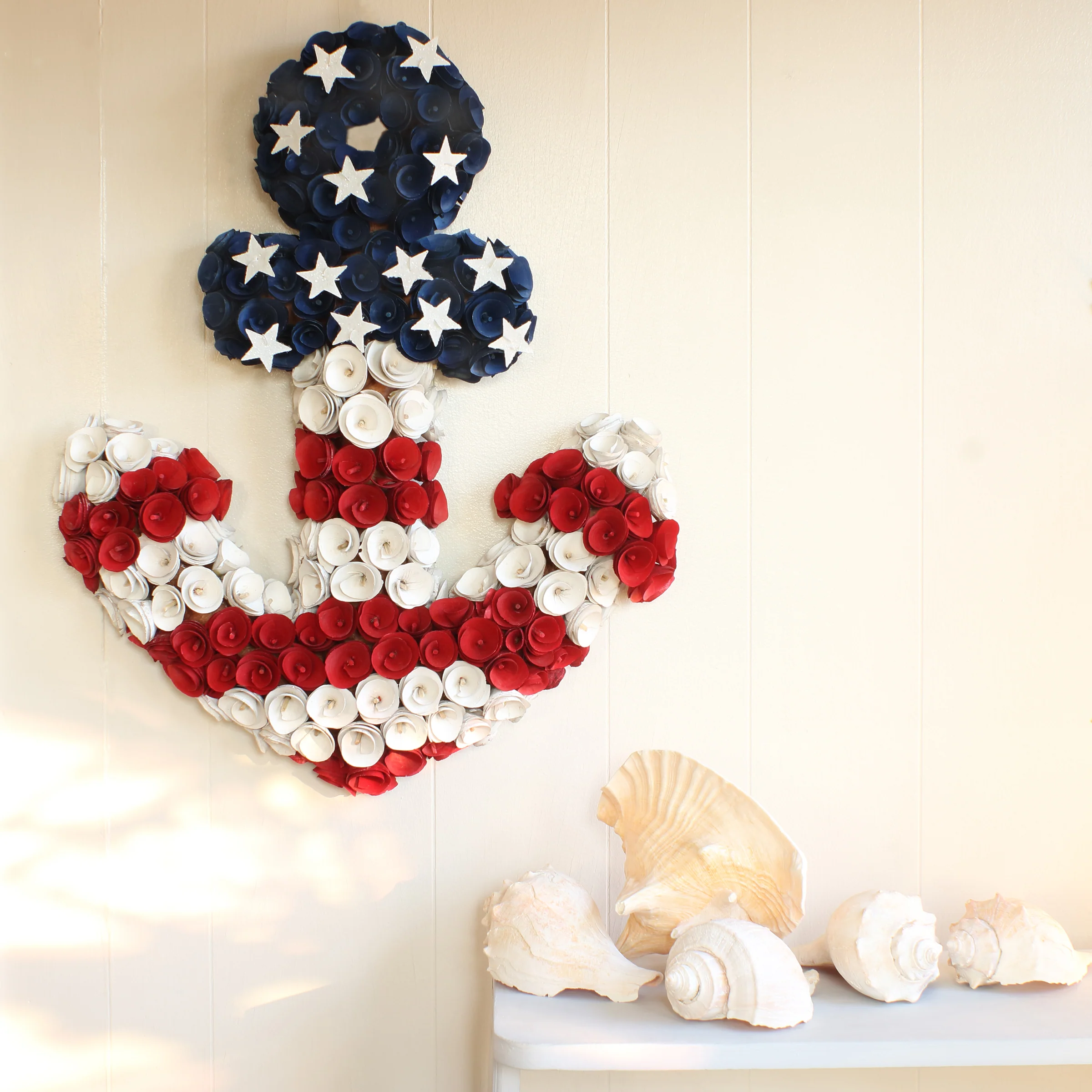 20 in. Patriotic Wreath, Blue Cross Shape with Red White and Blue Flower Blooms White Stars - Image 2